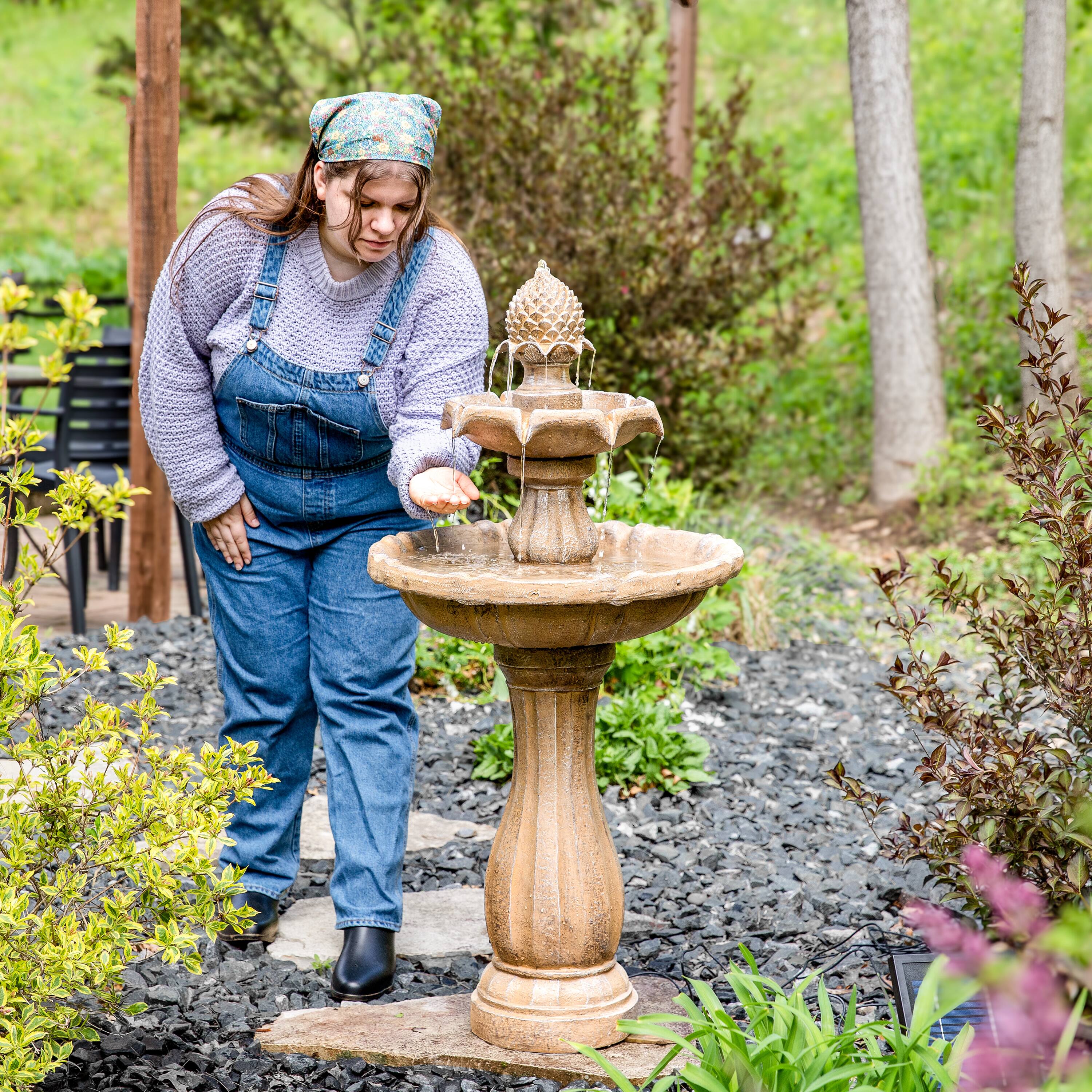 Alt View 7. Sunnydaze - Pineapple Outdoor 2-Tier Solar Fountain with Battery - Earth.