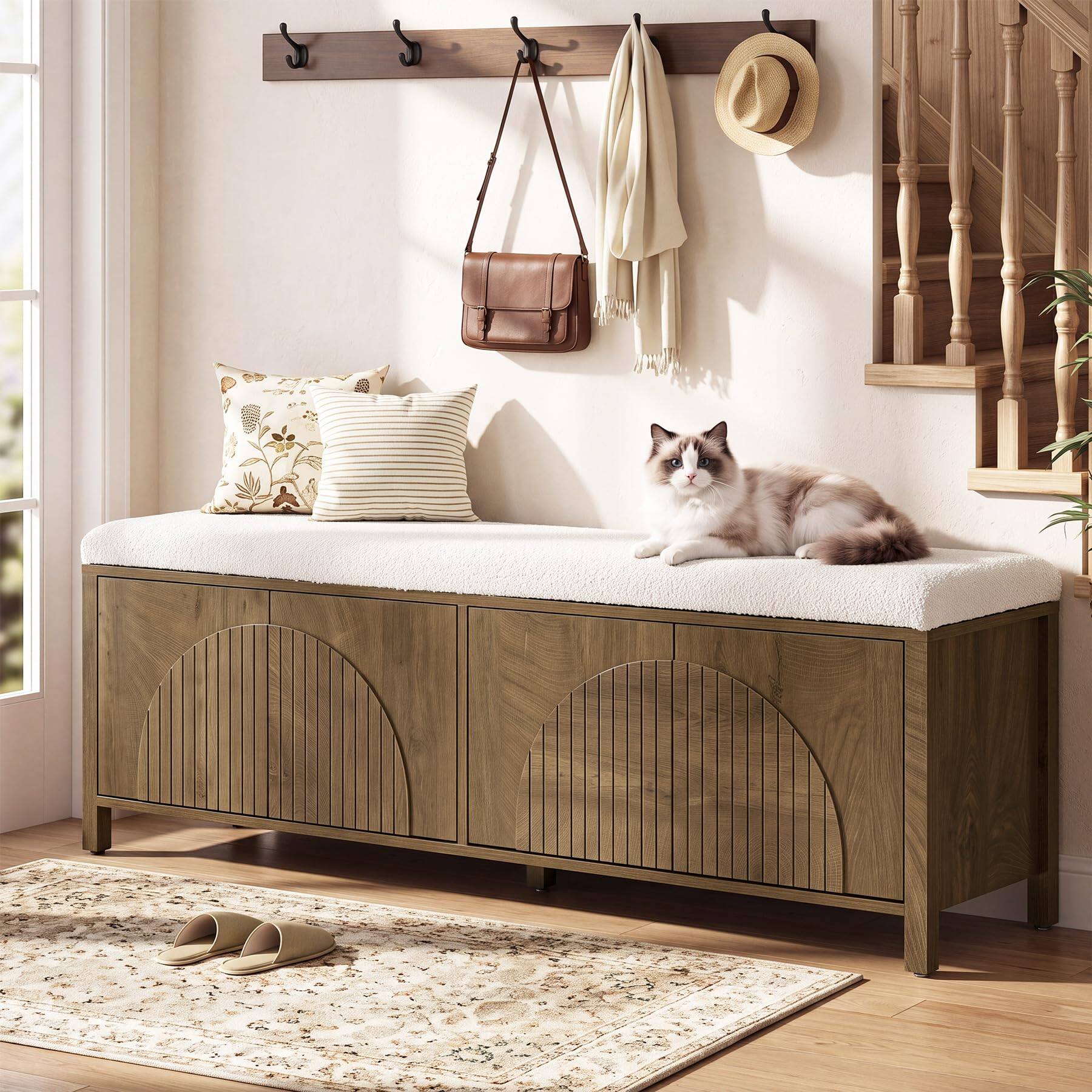 Alt View 5. Tribesigns - 55" Shoe Storage Bench with Cushion, Farmhouse Entryway Bench - Brown.
