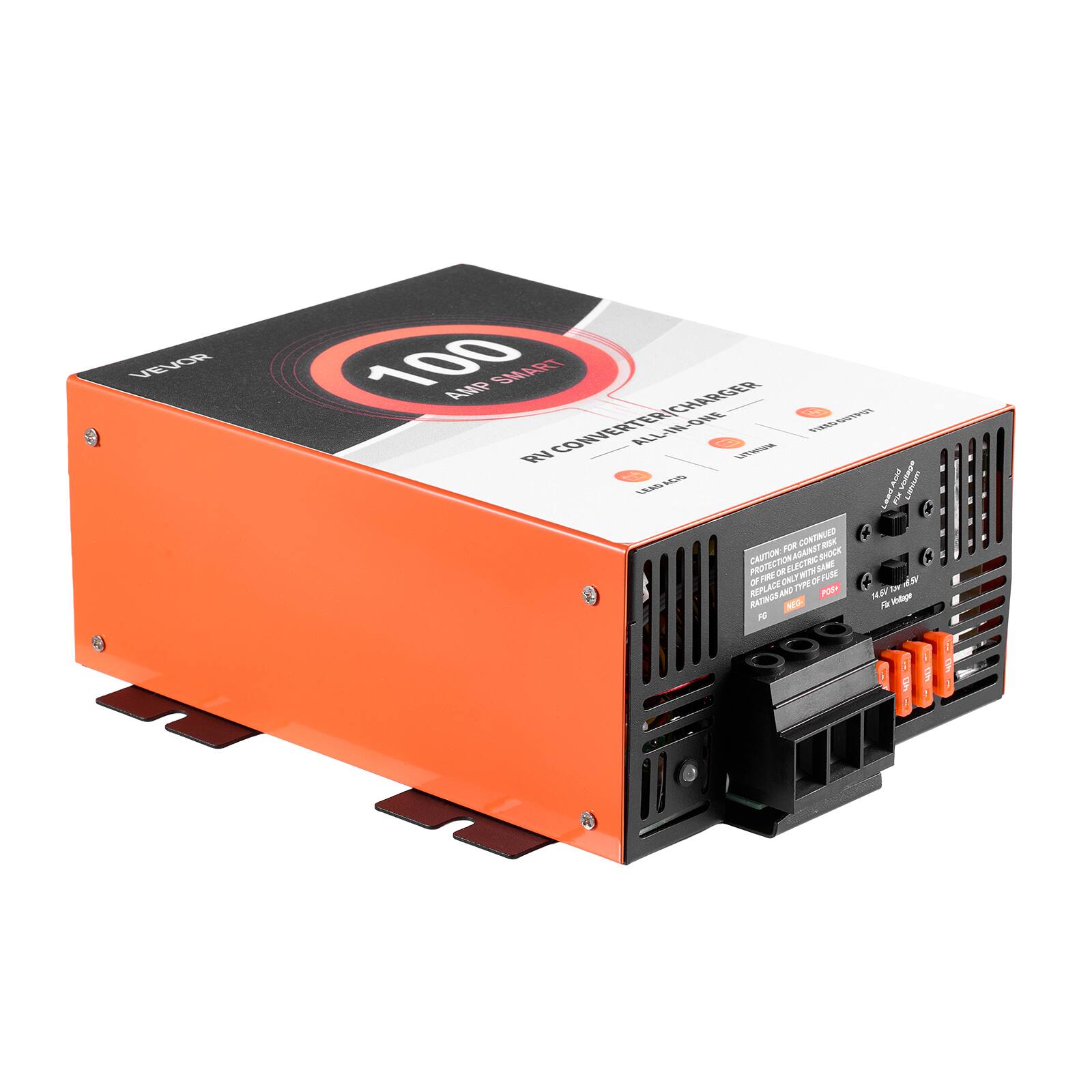 VEVOR  
100 AMP SMART CONVERTER/CHARGER  
ALL-IN-ONE  
LEAD ACID  
CAUTION: SHOCK OR FIRE RISK  
REPLACE AND TYPE POS+ NEG  
RATINGS: 14.64 VOLTAGE