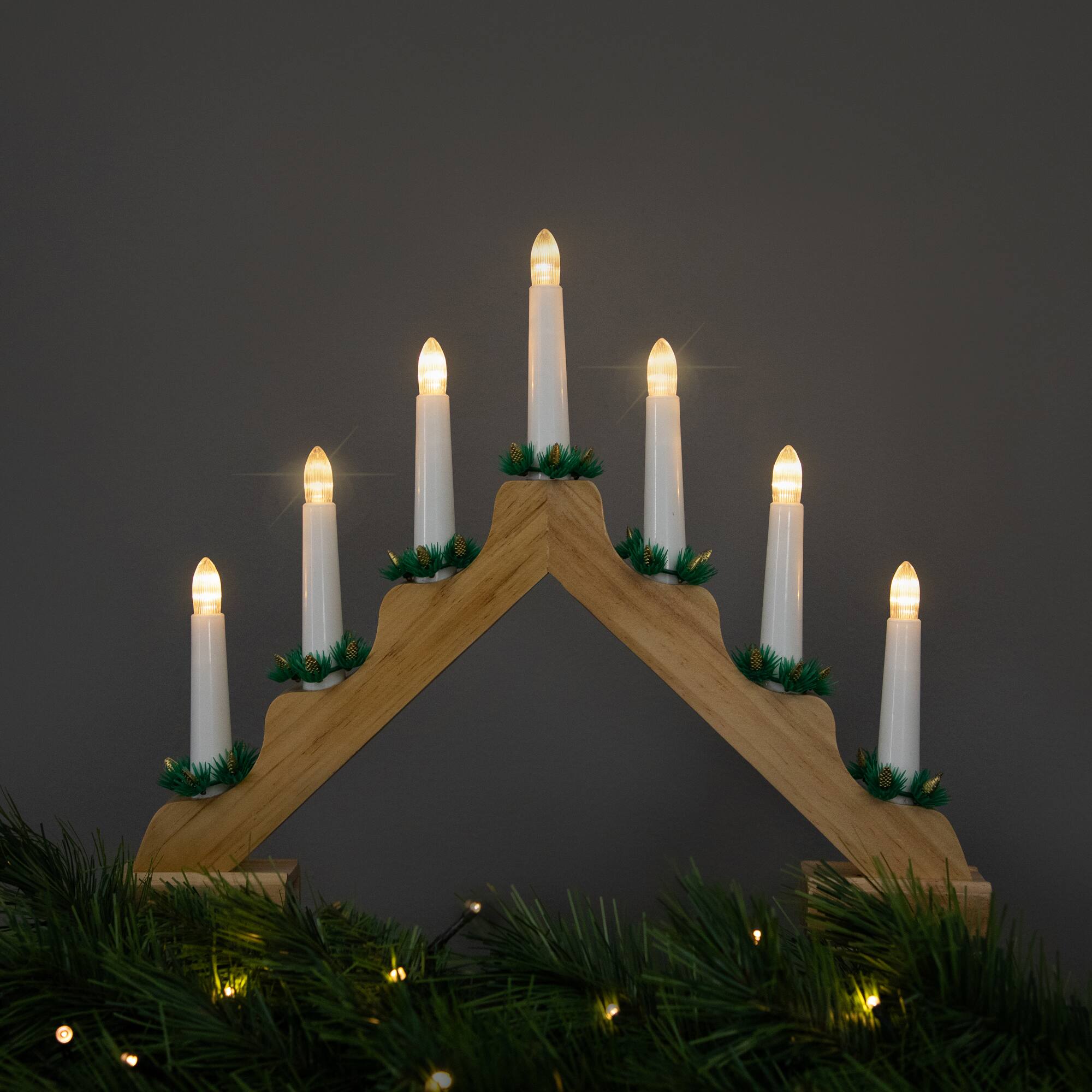 Northlight - LED Lighted Christmas Candelabra Bridge - 13" - Natural Wood - Brown