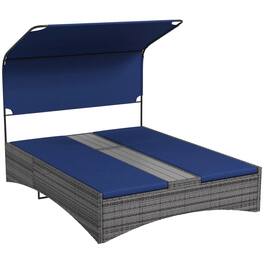 Resenkos - Outdoor Elegance PE Rattan Double Chaise Lounge, Reclining Daybed With Canopy - Dark Blue