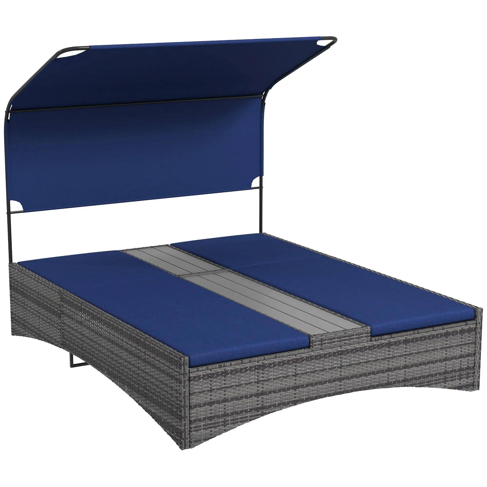 Front. Resenkos - Resenkos Outdoor Elegance PE Rattan Double Chaise Lounge, Reclining Daybed With Canopy, Dark Blue - Dark Blue.