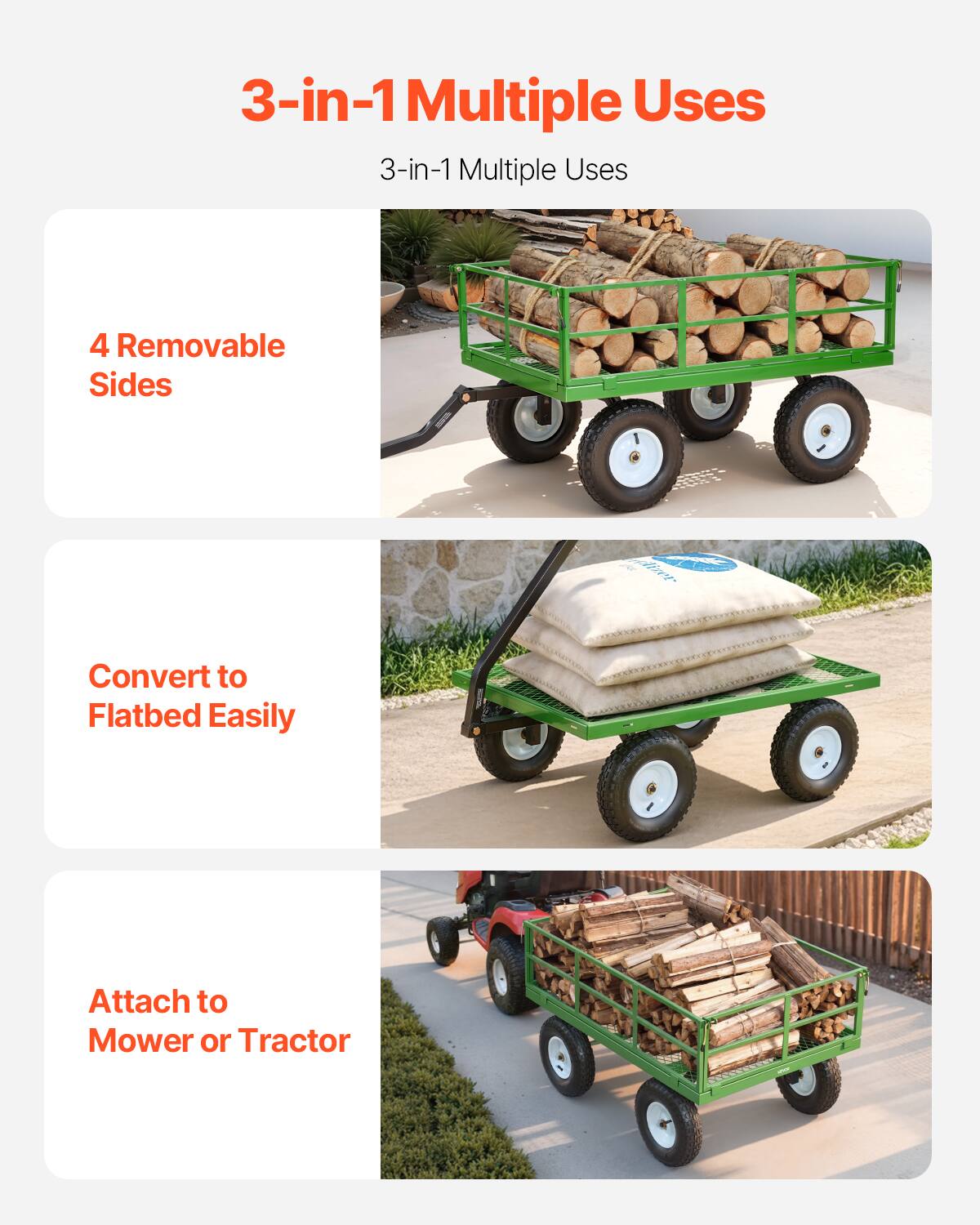 3-in-1 Multiple Uses

4 Removable Sides

Convert to Flatbed Easily

Attach to Mower or Tractor