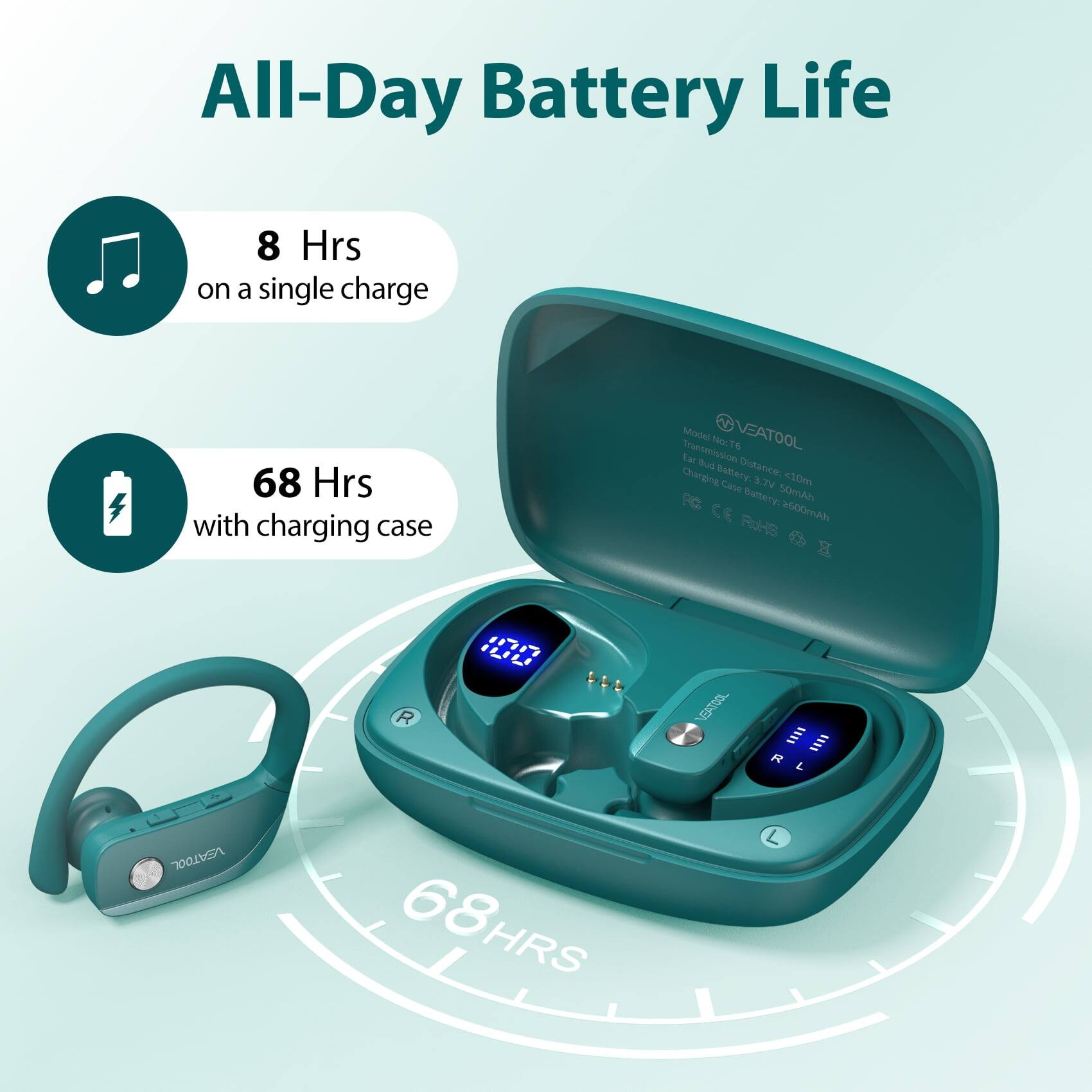 All-Day Battery Life  
8 Hrs on a single charge  
68 Hrs with charging case  

Model: VEATOOL  
Transmission: T6  
Lar Bud  
Charging Battery: 3.7V  
FC Battery: 50mAh  
Battery: 3600mAh  
2600mAh  
CE  
RoHS  

VEATOOL  
68 HRS