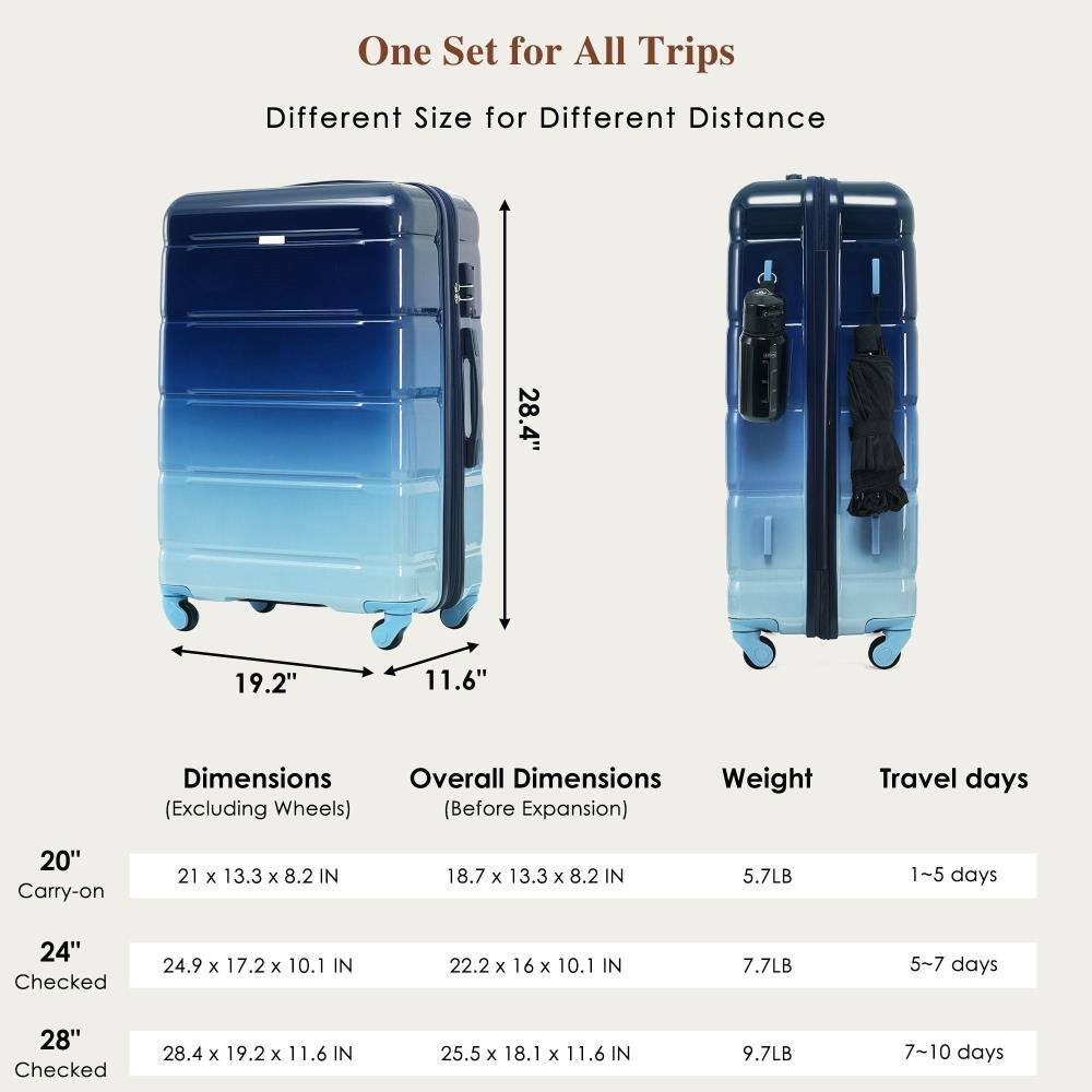 One Set for All Trips  
Different Size for Different Distance  

Dimensions (Excluding Wheels)  
20" Carry-on: 21 x 13.3 x 8.2 IN  
24" Checked: 24.9 x 17.2 x 10.1 IN  
28" Checked: 28.4 x 19.2 x 11.6 IN  

Overall Dimensions (Before Expansion)  
20" Carry-on: 18.7 x 13.3 x 8.2 IN  
24" Checked: 22.2 x 16 x 10.1 IN  
28" Checked: 25.5 x 18.1 x 11.6 IN  

Weight  
20" Carry-on: 5.7LB  
24" Checked: 7.7LB  
28" Checked: 9.7LB  

Travel days  
20" Carry-on: 1~5 days  
24" Checked: 5~7 days  
28" Checked: 7~10 days