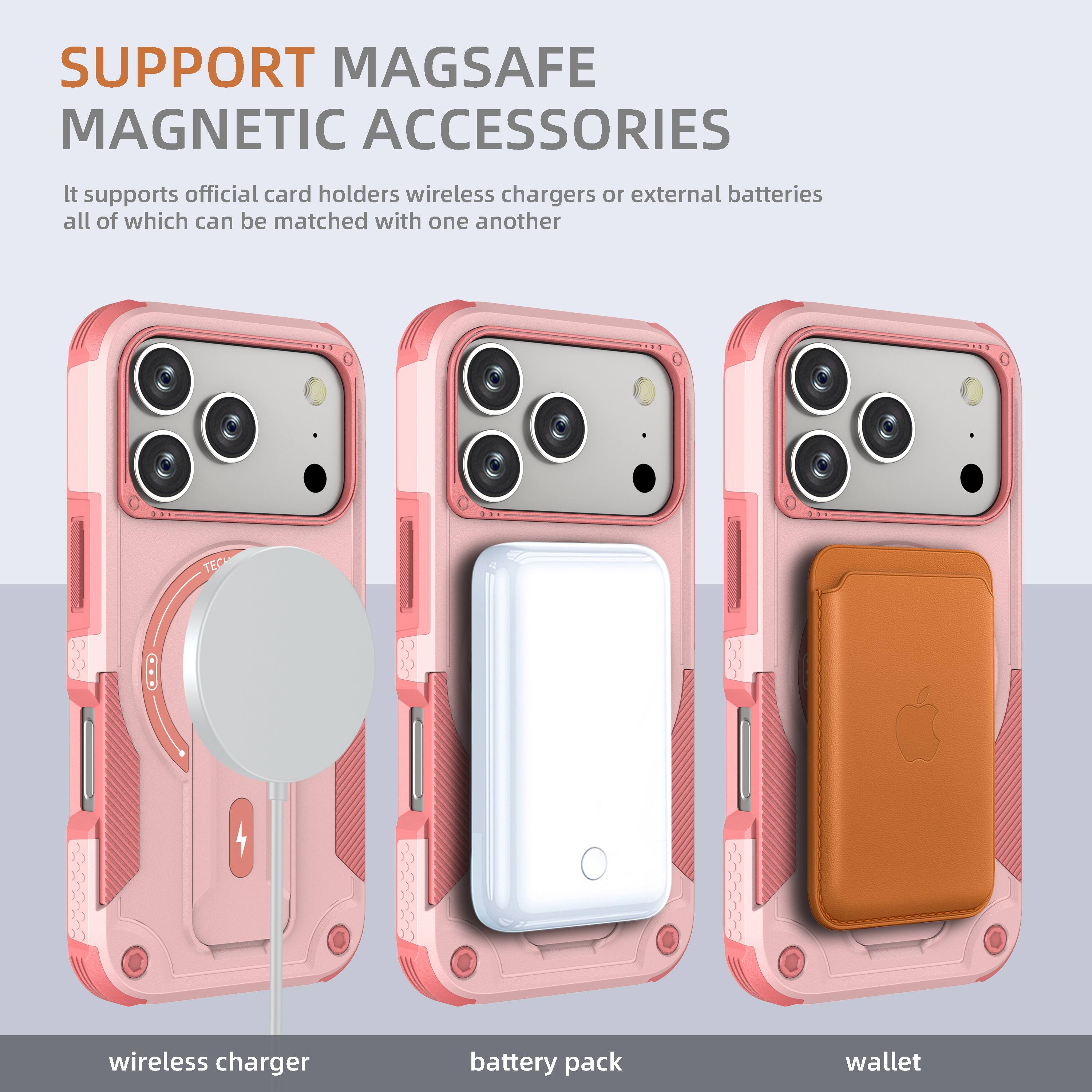 SUPPORT MAGSAFE MAGNETIC ACCESSORIES

It supports official card holders, wireless chargers, or external batteries, all of which can be matched with one another.

wireless charger  
battery pack  
wallet