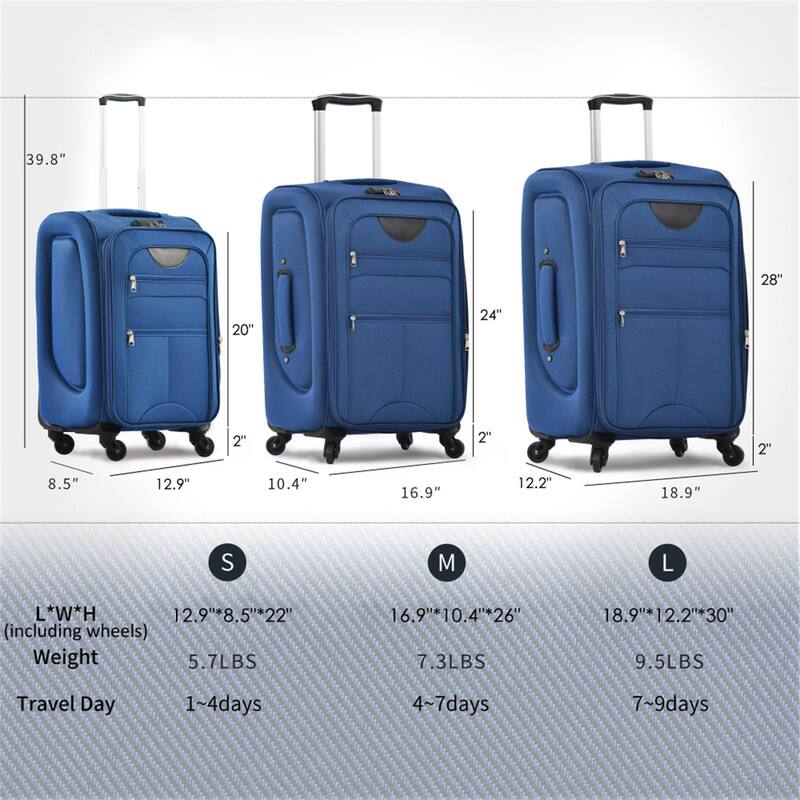 39.8" 28" 20" 24" 2" 2" 2" 8.5" 12.9" 10.4" 16.9" 12.2" 18.9"  
S M L  
L*W*H  
S: 12.9"*8.5"*22" (including wheels)  
Weight: 5.7LBS  
Travel Day: 1~4 days  
M: 16.9"*10.4"*26"  
Weight: 7.3LBS  
Travel Day: 4~7 days  
L: 18.9"*12.2"*30"  
Weight: 9.5LBS  
Travel Day: 7~9 days