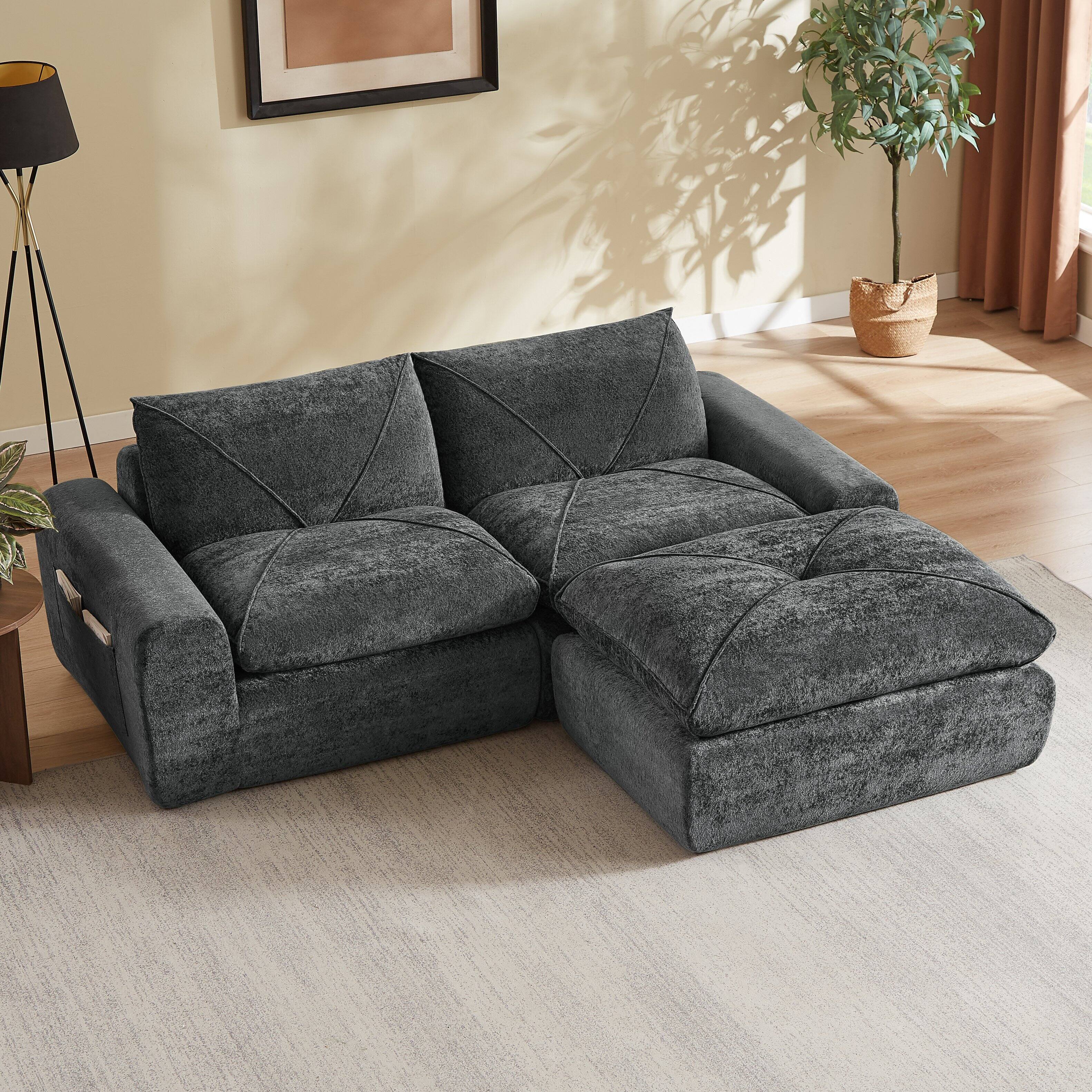 Angle. Loheer - Loheer Chenille Sectional Sofa Modern Minimalist L Shaped Couch with Ottoman 85 Inch Apartment Combination Sofa - Dark Gray.