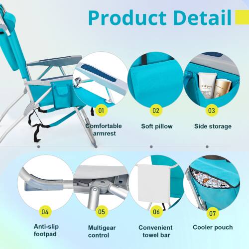 Product Detail

01 Comfortable armrest  
02 Soft pillow  
03 Side storage  
04 Anti-slip footpad  
05 Multigear control  
06 Convenient towel bar  
07 Cooler pouch