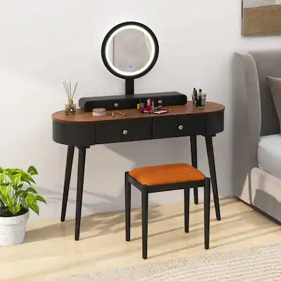 Costway Solid Wood Makeup Vanity Desk Set with LED Lighted Mirror Drawers Cushioned Stool Black + Brown Rubber one_size | HCST00887 Costway Solid Wood Makeup Vanity Desk Set with LED Lighted Mirror Drawers Cushioned Stool Black + Brown Rubber one_size | HCST00887