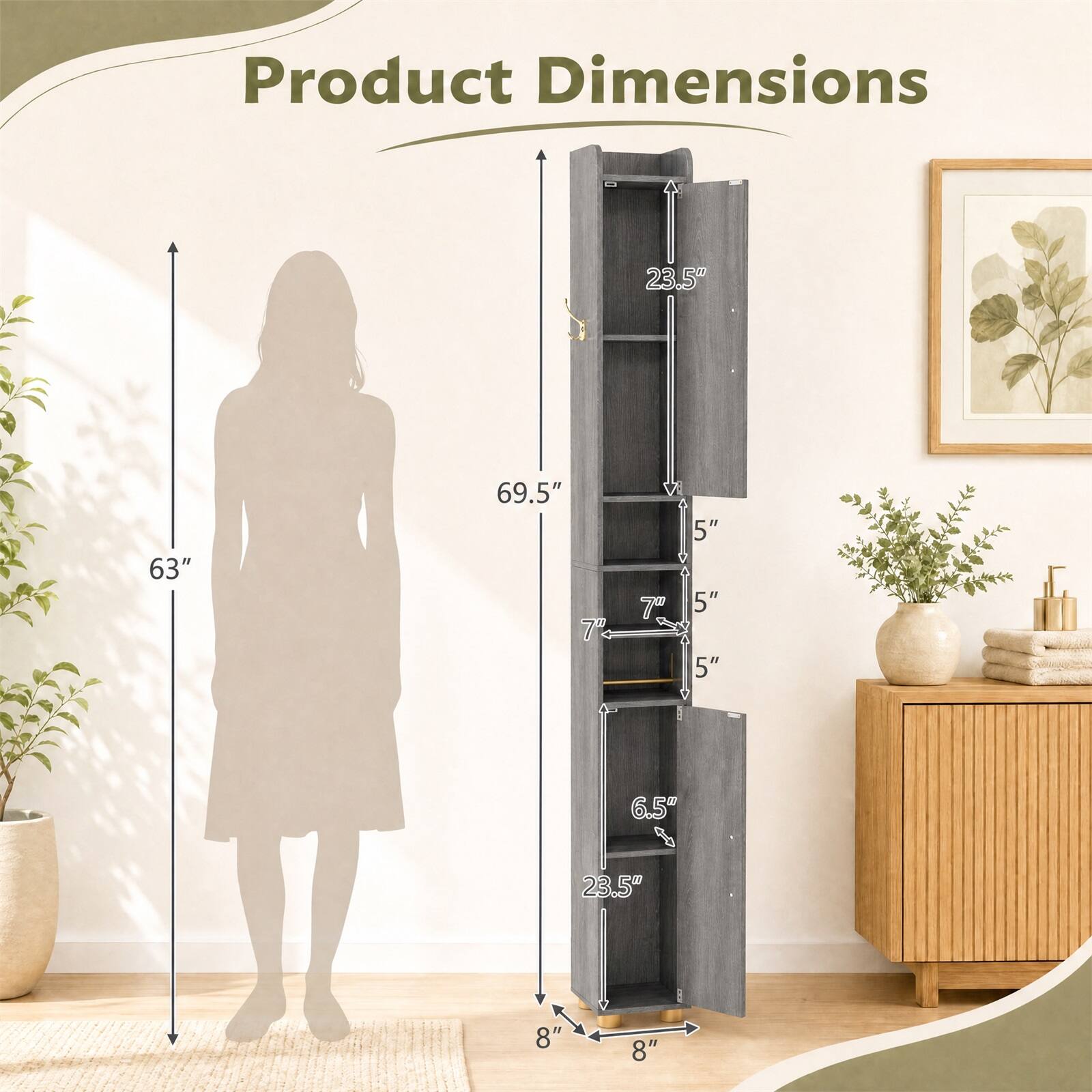 Product Dimensions: 23.5" x 63" x 69.5"  
Shelf Dimensions: 7" x 5" x 5"  
Overall Width: 6.5"  
Base Dimensions: 23.5" x 8" x 8"