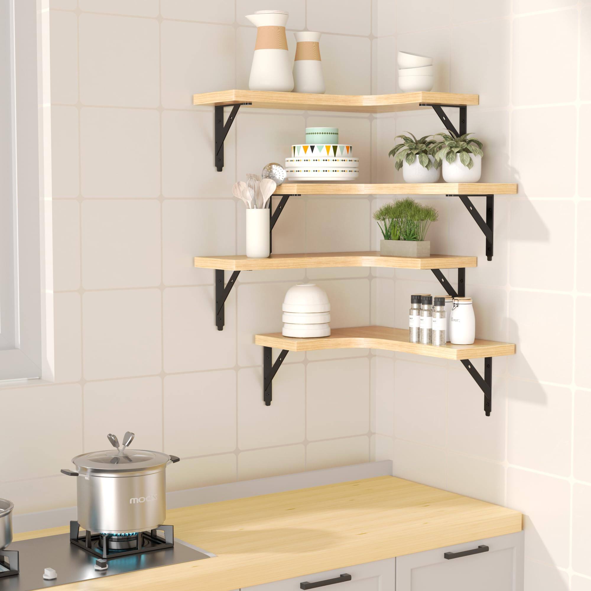 Angle. Dazzed Corner - Corner Floating Shelves Wall Mounted Set of 4 - Natural.