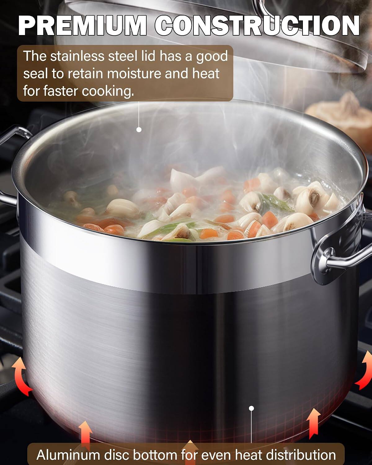 PREMIUM CONSTRUCTION

The stainless steel lid has a good seal to retain moisture and heat for faster cooking.

Aluminum disc bottom for even heat distribution