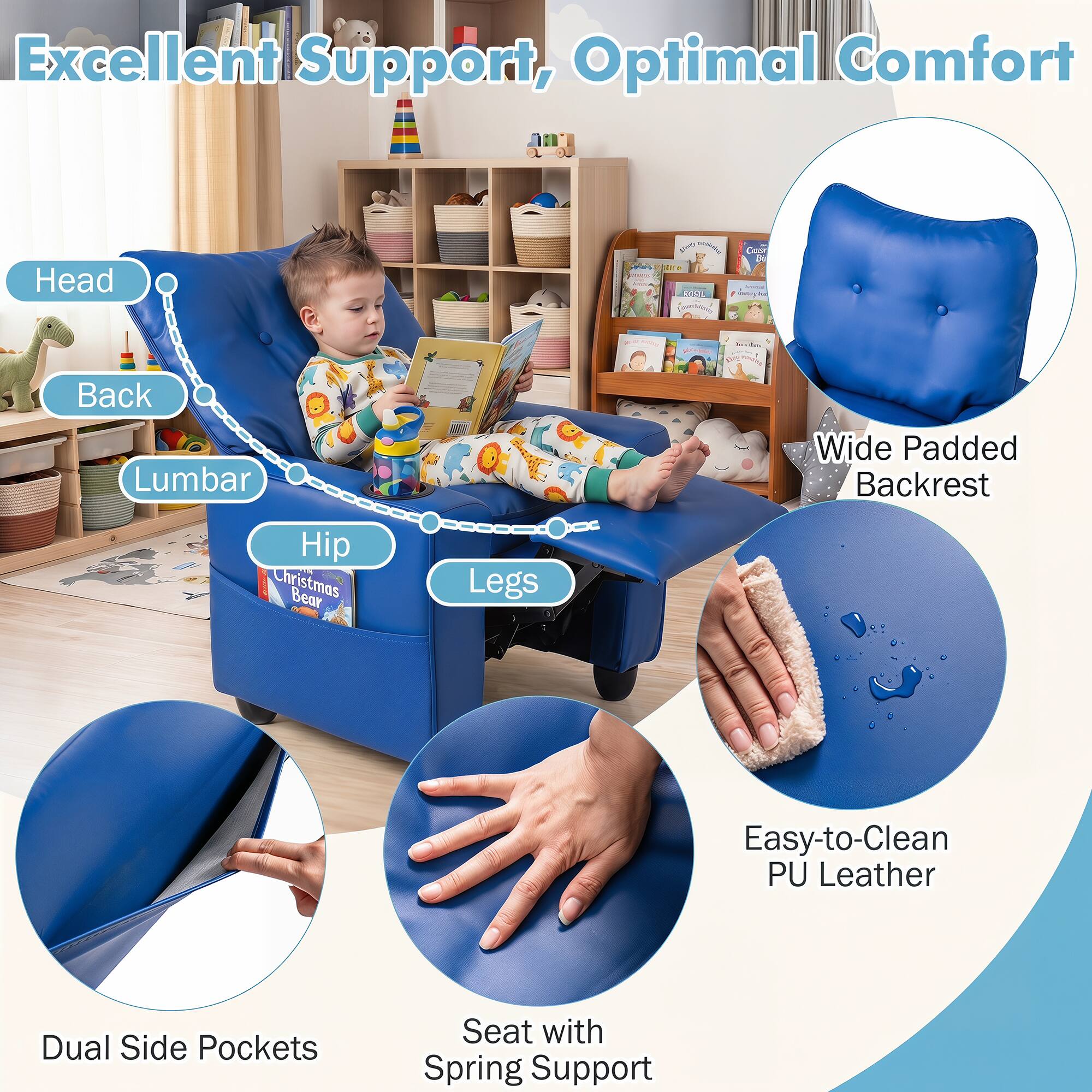 Excellent Support, Optimal Comfort

Head
Back
Lumbar
Hip
Legs

Wide Padded Backrest

Dual Side Pockets

Easy-to-Clean PU Leather

Seat with Spring Support