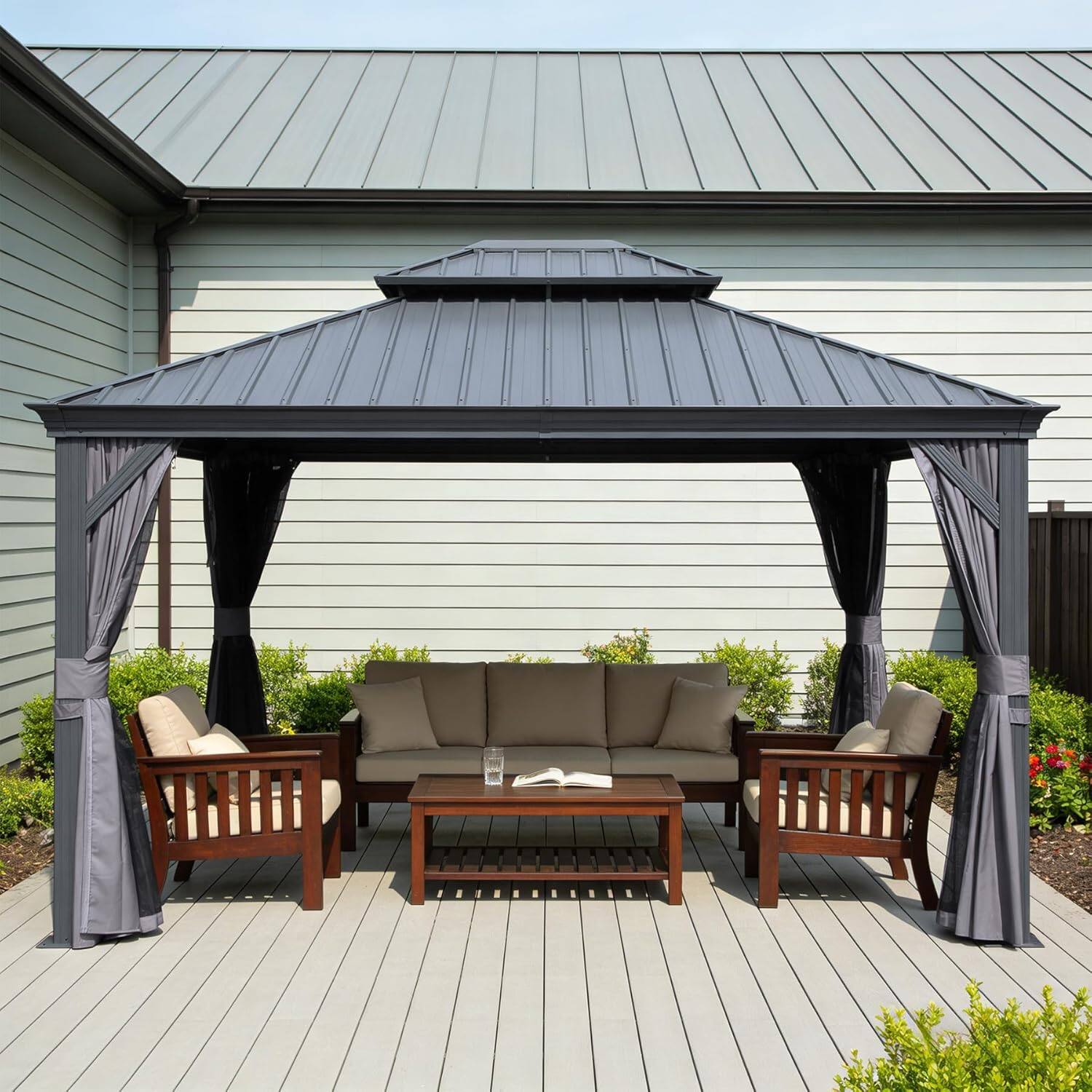 Angle. Mondawe - 11x13FT Outdoor Gazebo，Galvanized Steel Double Roof，Curtains and Netting Included - Dark Gray.