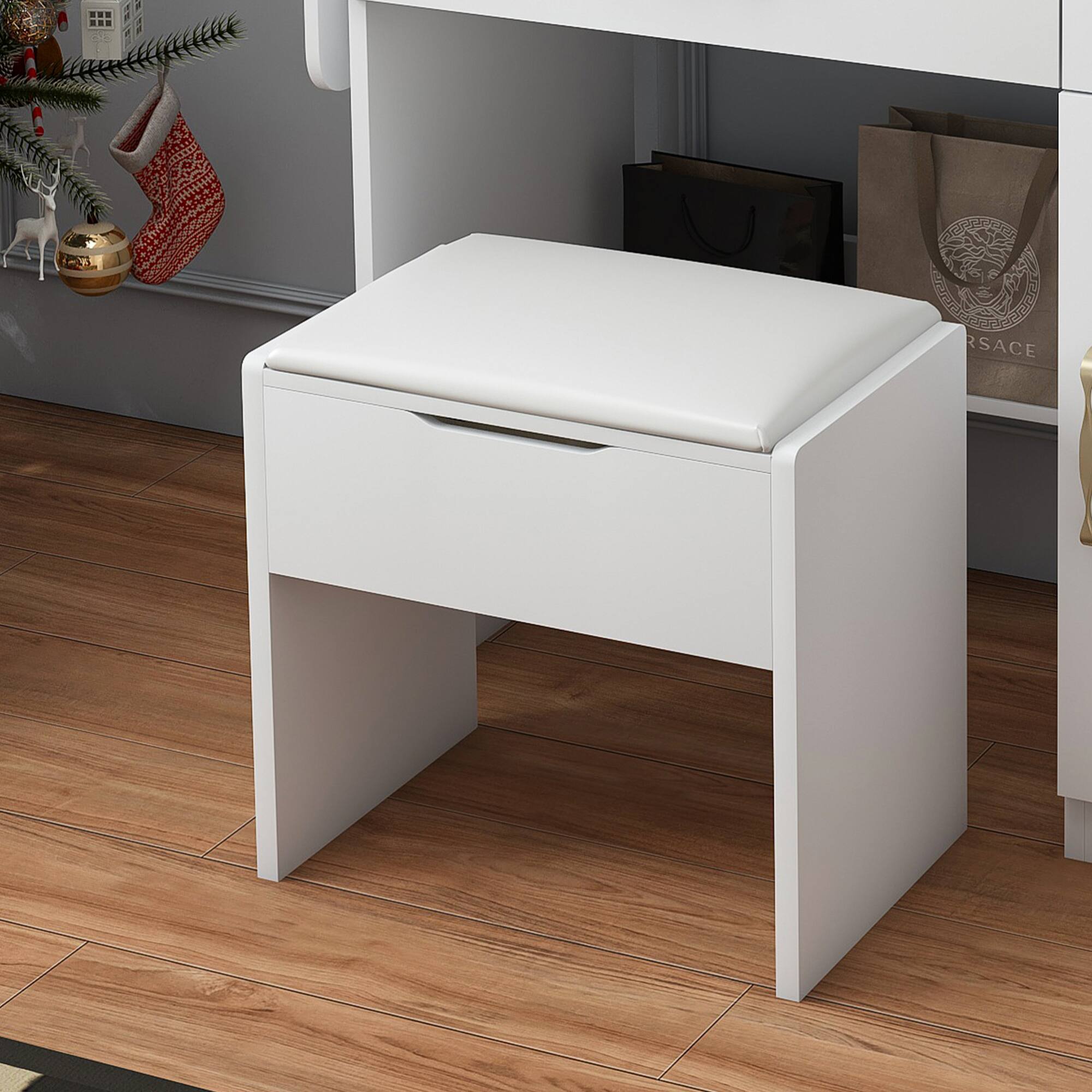 Alt View 7. GOODSILO - Elegant Vanity Desk with LED Mirror Lights, Power Outlet Charging Station, and Storage Stool - White.