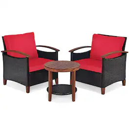 Costway - 3PCS Patio Rattan Furniture Set Wooden Frame Cushion Table Shelf - Red