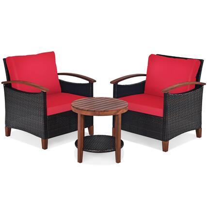 Front. Costway - Costway 3PCS Patio Rattan Furniture Set Wooden Frame Cushion Table Shelf - Red.
