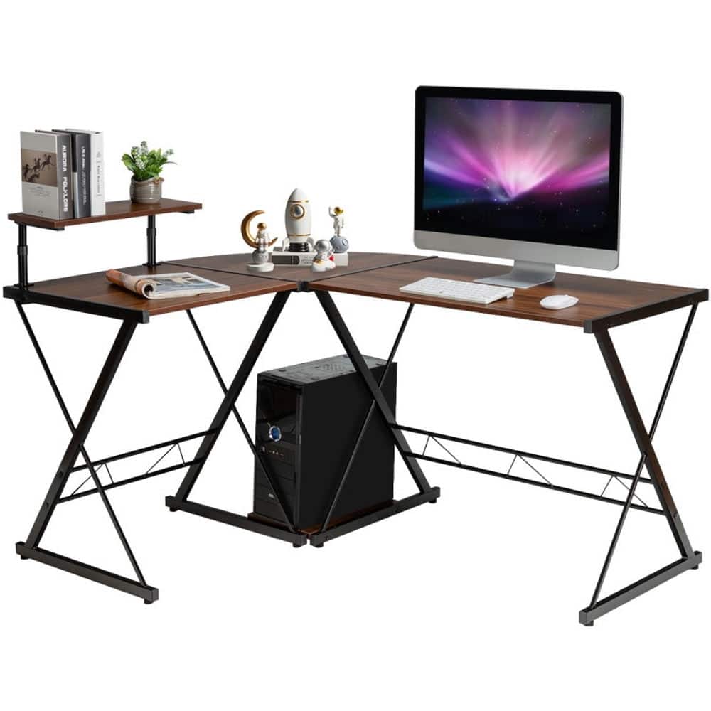 Kadyn - L-Shaped Desk Reversible Corner Computer Desk with Movable Shelf and CPU Stand-Walnut, Home Office Desks - Brown