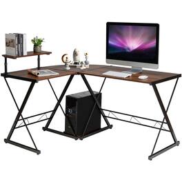 Kadyn - L-Shaped Desk Reversible Corner Computer Desk with Movable Shelf and CPU Stand-Walnut, Home Office Desks - Brown