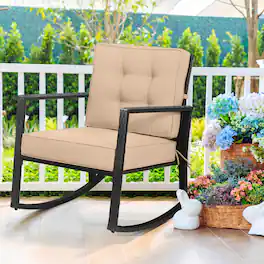 Costway - Patio Rattan Rocker Chair Outdoor Glider Rocking Chair Cushion Lawn - Black+Beige