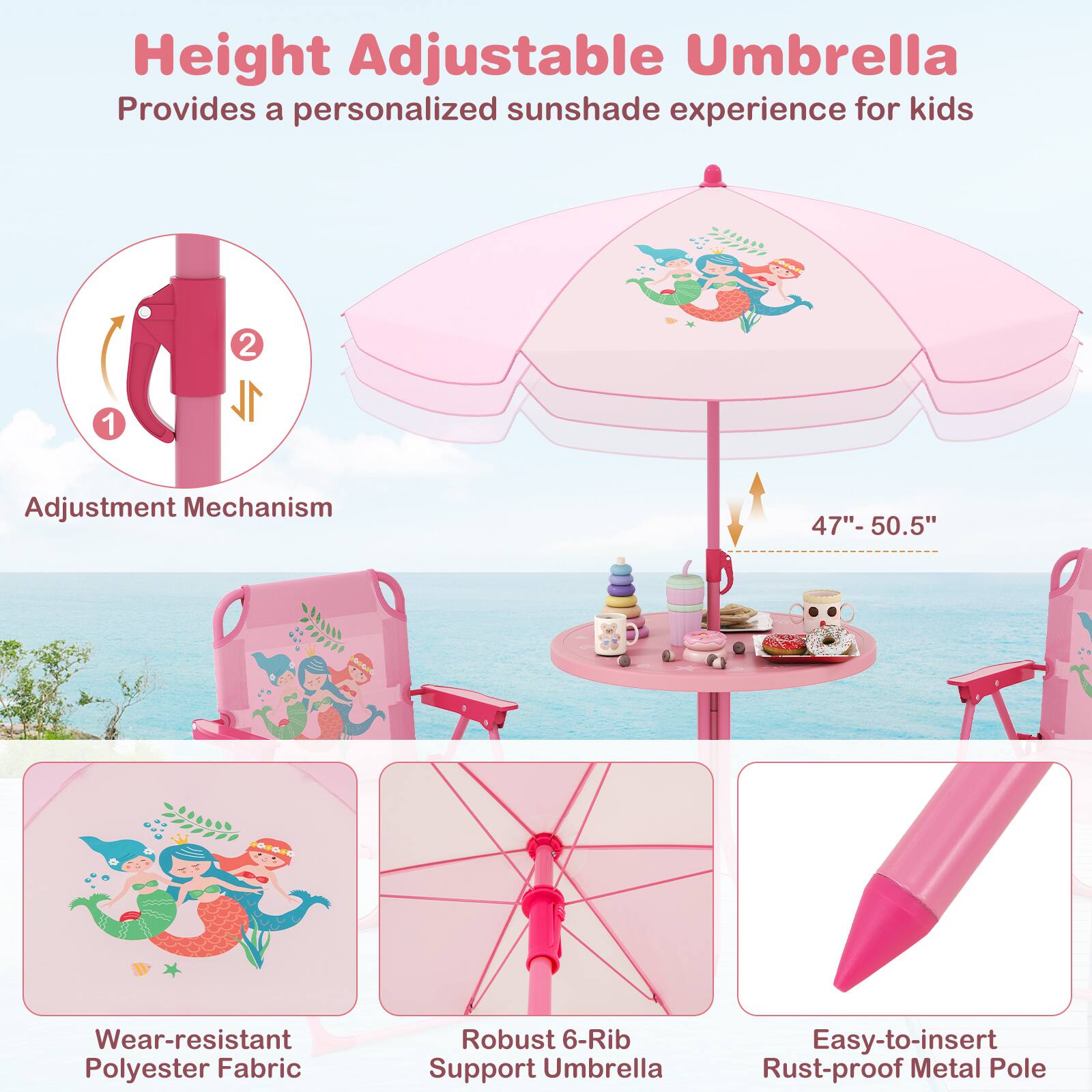 Height Adjustable Umbrella  
Provides a personalized sunshade experience for kids  

1. Adjustment Mechanism  
2. 47" - 50.5"  

- Wear-resistant Polyester Fabric  
- Robust 6-Rib Support Umbrella  
- Easy-to-insert Rust-proof Metal Pole