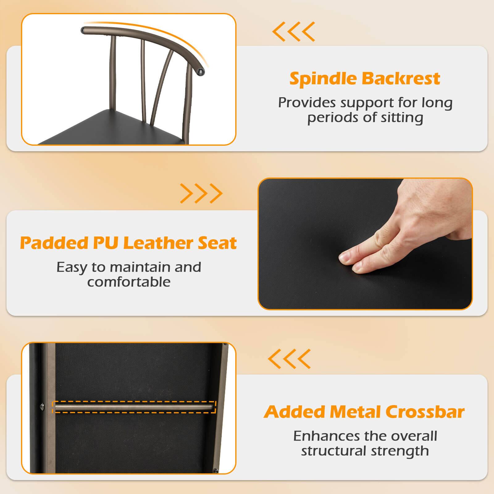 - Spindle Backrest: Provides support for long periods of sitting
- Padded PU Leather Seat: Easy to maintain and comfortable
- Added Metal Crossbar: Enhances the overall structural strength
