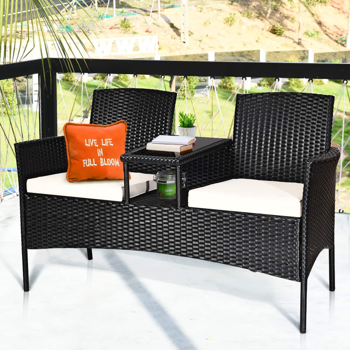 Costway - Patio Rattan Conversation Set Seat Sofa Cushioned Loveseat Glass Table Chairs - As pictures show