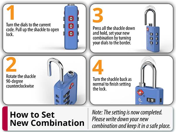 1. Turn the dials to the current code. Pull up the shackle to open the lock.
2. Rotate the shackle 90-degree counterclockwise.
3. Press all the shackle down and hold, set your new combination by turning your dials to the border.
4. Turn the shackle back as normal to finish setting the lock.

Note: The setting is now completed. Please write down your new combination and keep it in a safe place.