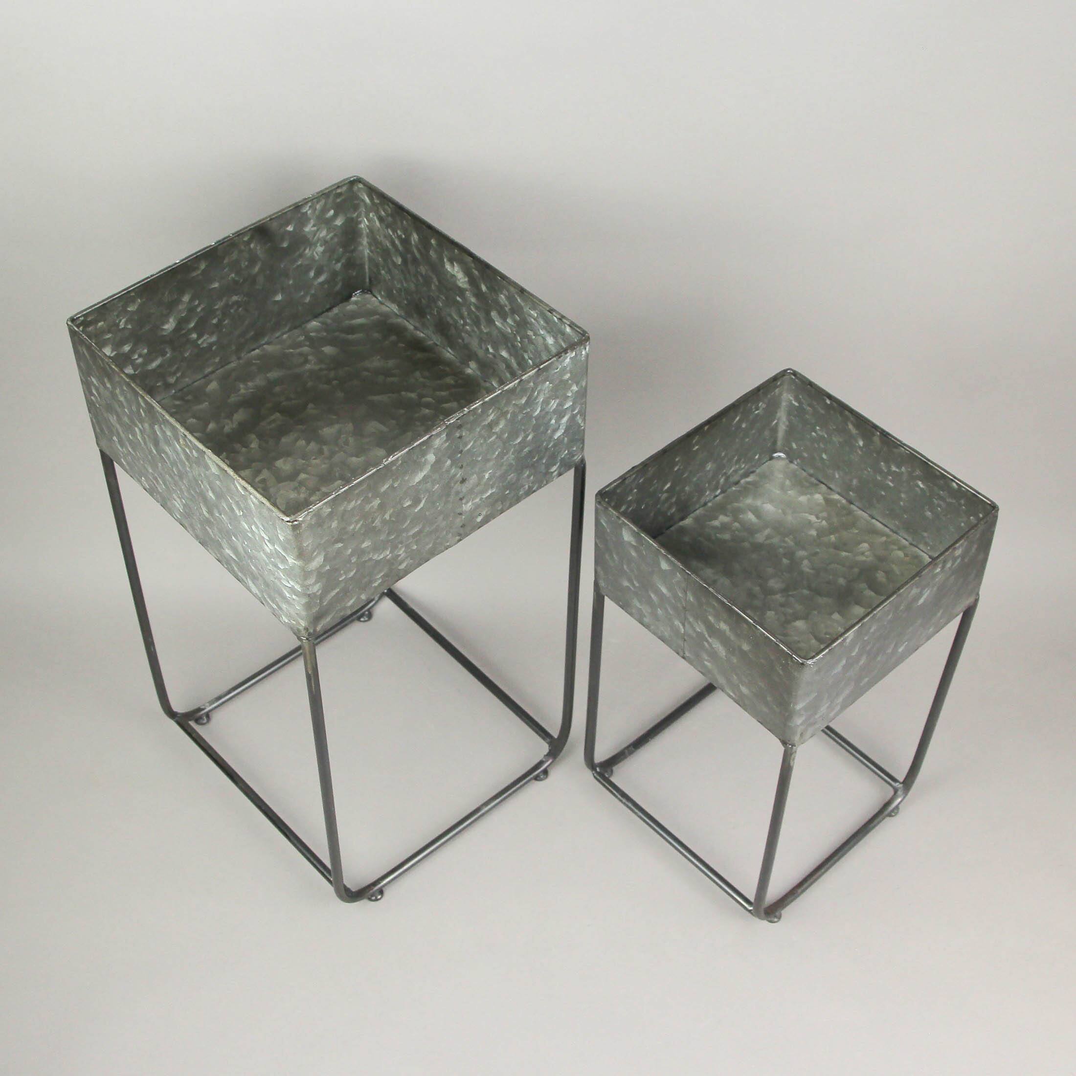 Alt View 4. Zeckos - Set of 2 Galvanized Zinc Finish Square Metal Planters On Stands - Grey.