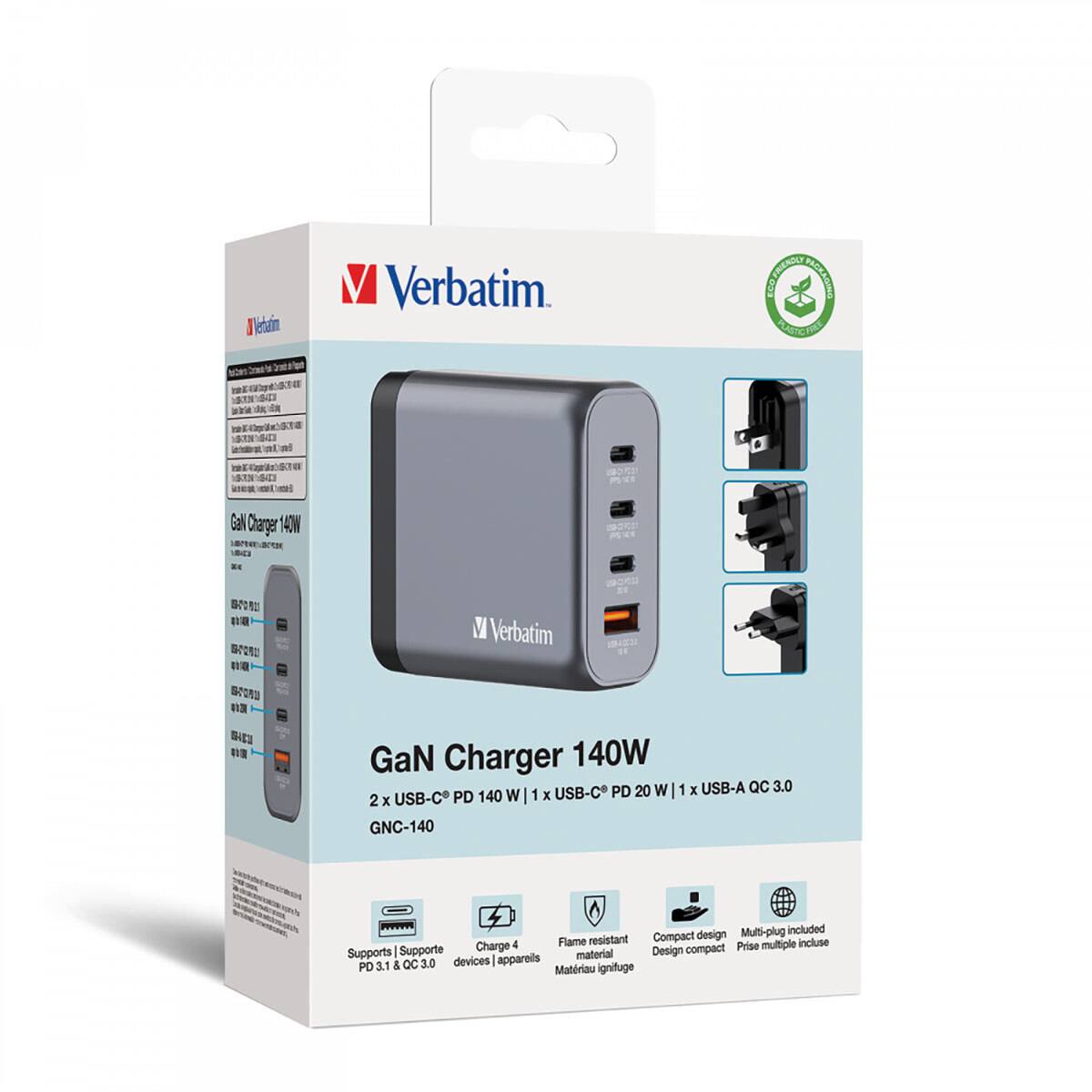 Verbatim  
FRIENDLY PACKAGING  

Gal Charger 140W  
COP OTOR 552801  
Verbatim  
100%  
GaN Charger 140W 140 W 1 X USB-C PD 20 W 2 X USB-C PD GNC-140  
1 X USB-A QC 3.0  
Multi-plug included resistant Compact design Charge 4 Flame Prise multiple incluse Supports 1 Supporte material Design compact PD 3.1 & QC 3.0 devices apparells Matriau ignifuge