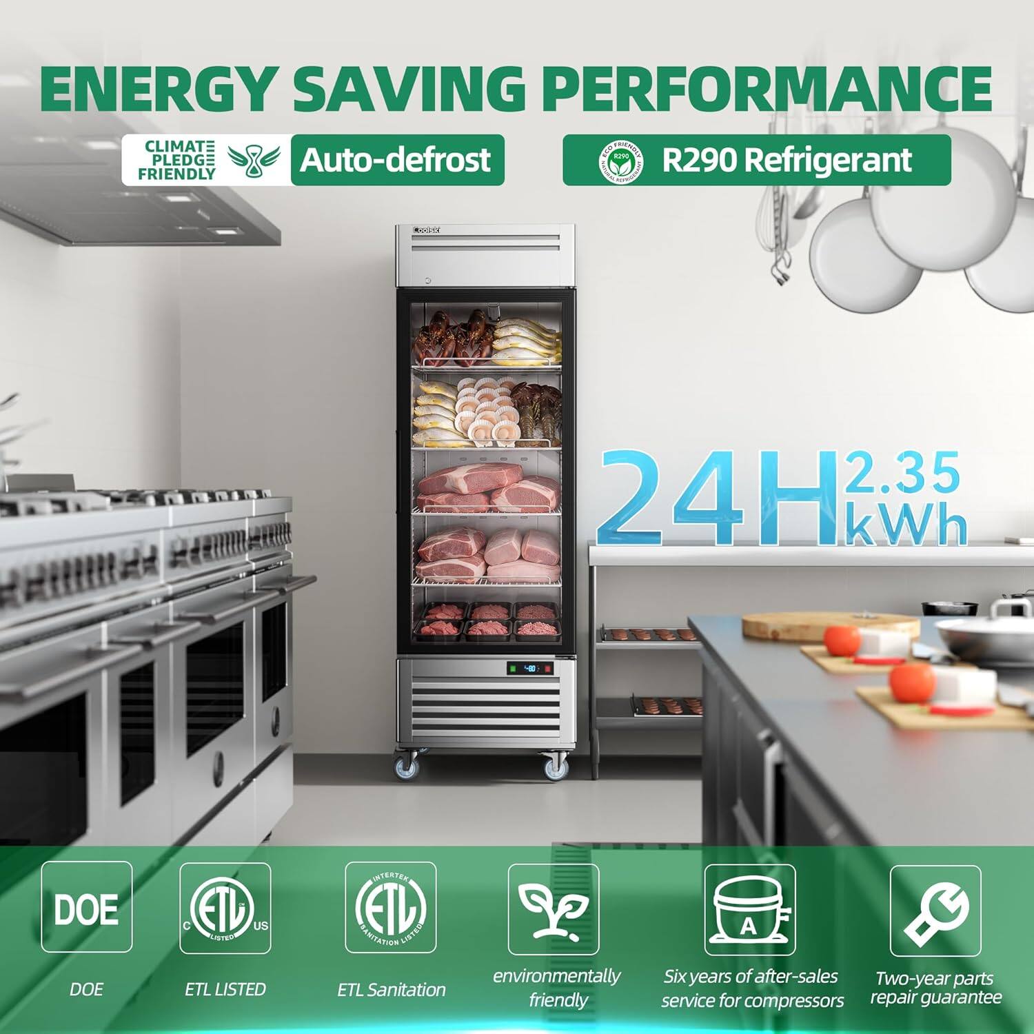 ENERGY SAVING PERFORMANCE  
CLIMATE PLEDGE FRIENDLY  
Auto-defrost  
R290 Refrigerant  
24H 2.35 kWh  
DOE  
ETL LISTED  
ETL Sanitation  
environmentally friendly  
Six years of after-sales service for compressors  
Two-year parts repair guarantee