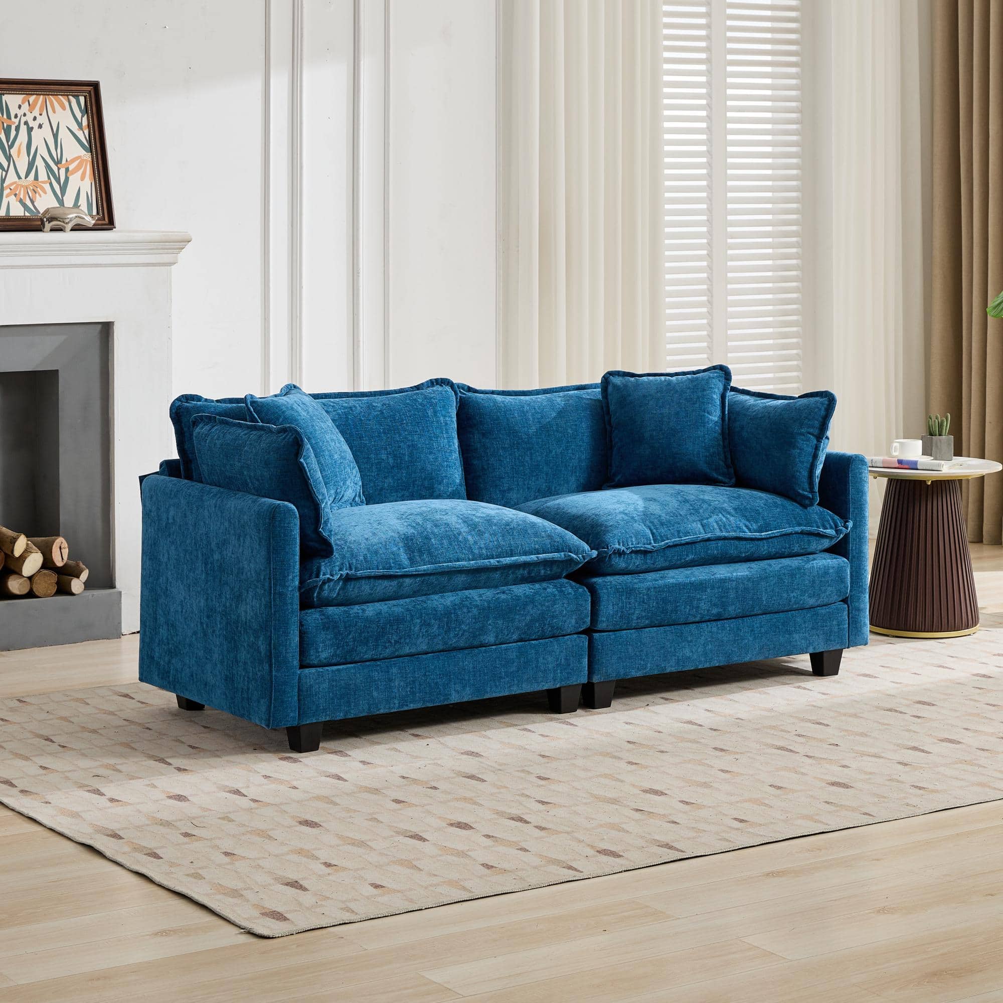 TinyHomie - Blue Chenille Cloud Loveseat Sectional Sofa No Ottoman - Blue