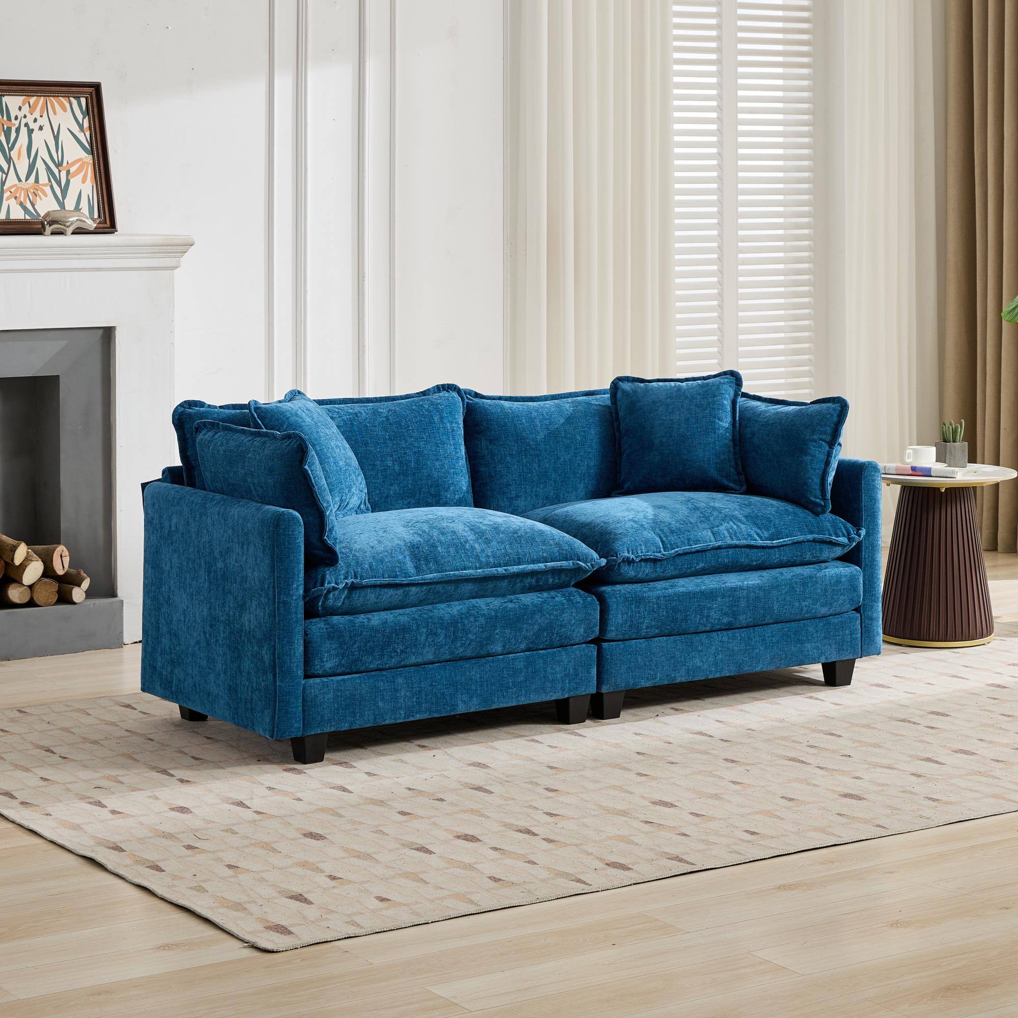Front. TinyHomie - Blue Chenille Cloud Loveseat Sectional Sofa No Ottoman - Blue.