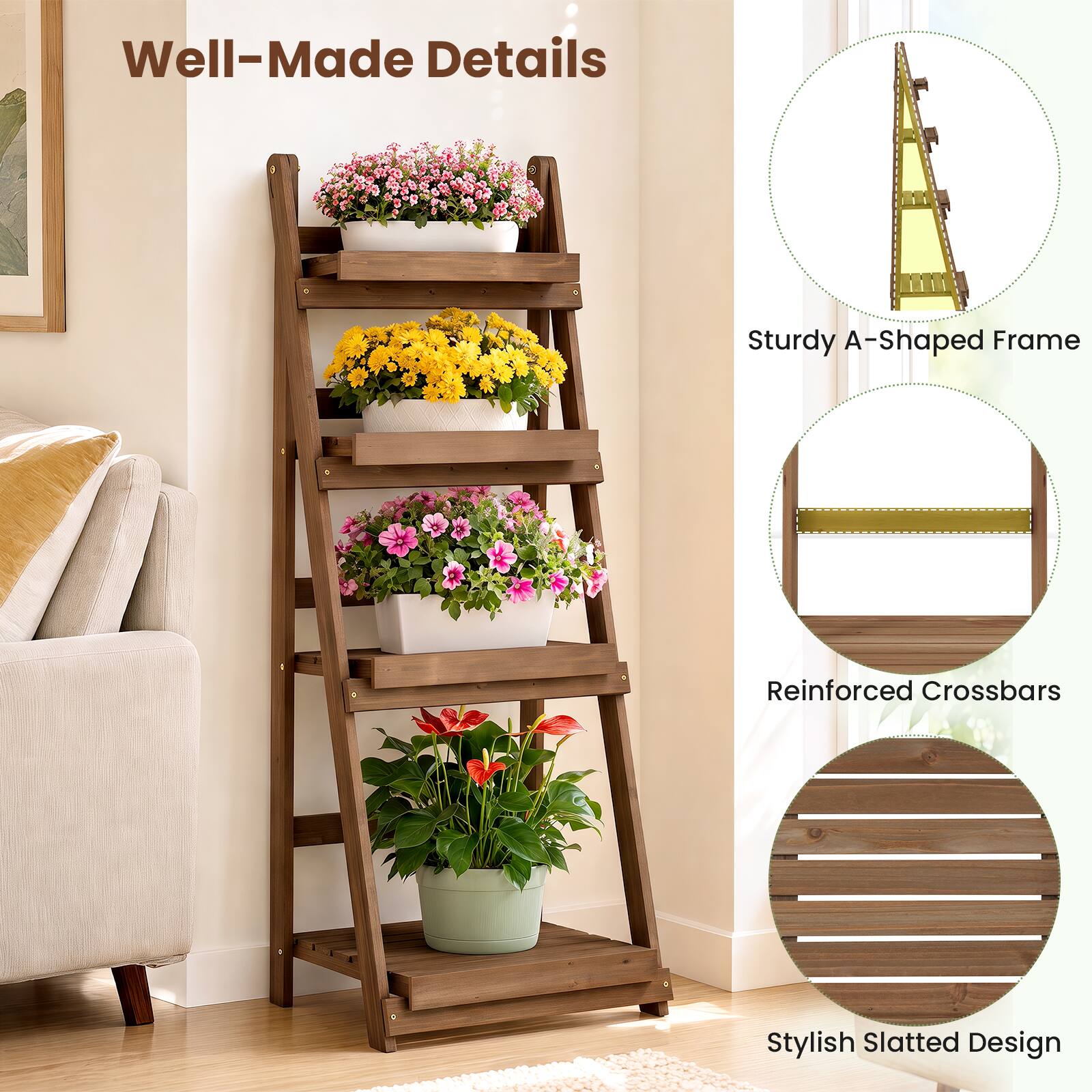 Well-Made Details  
Sturdy A-Shaped Frame  
Reinforced Crossbars  
Stylish Slatted Design