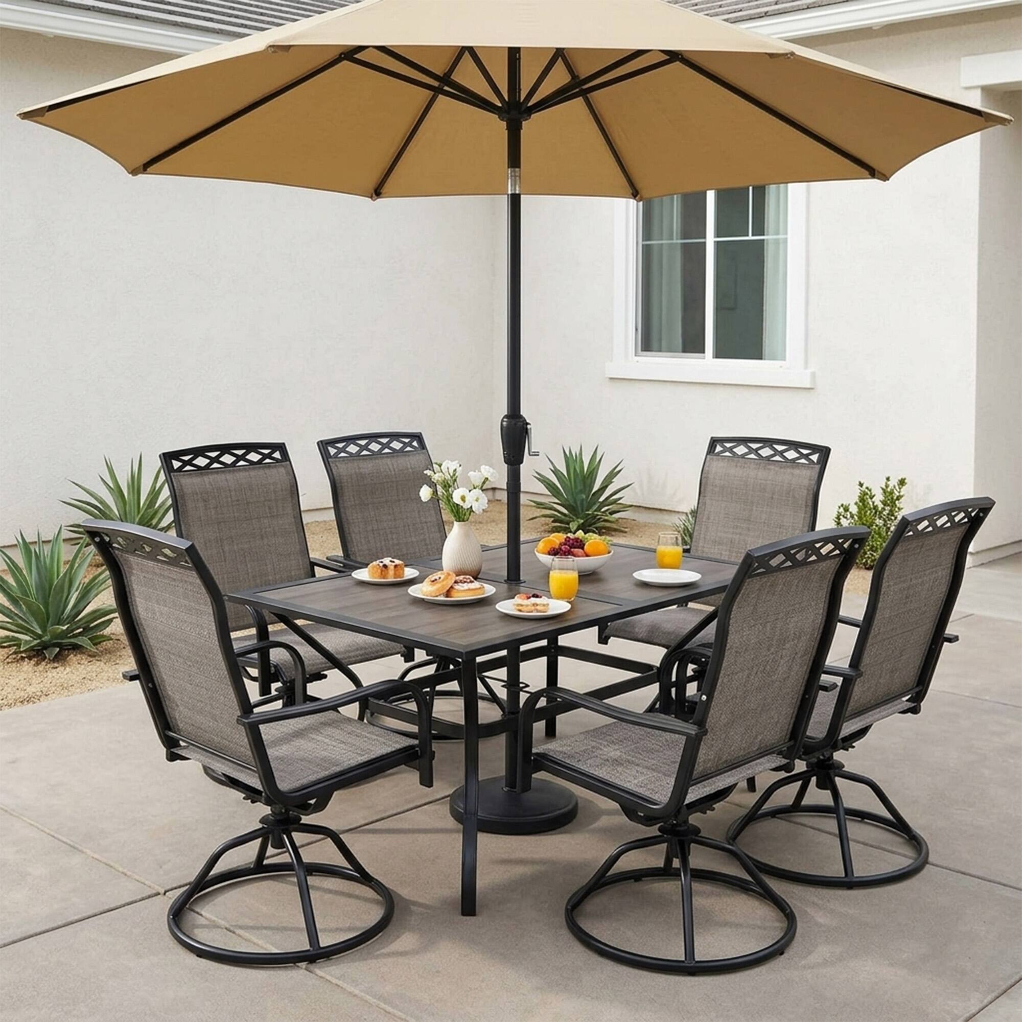 Angle. Yardgrace - 7 Pieces Outdoor Patio Dining Set,with 6-Piece  Swivel Patio Rocking Chairs,1 dining table with an umbrella hole - Brown.