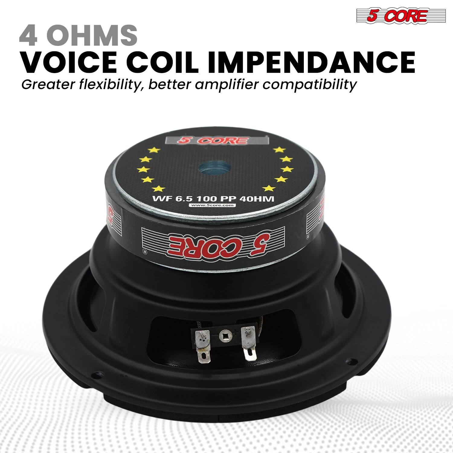 5 CORE 4 OHMS VOICE COIL IMPENDANCE Greater flexibility, better amplifier compatibility 5 CORE VVF 6.5 100 PP 40HM
