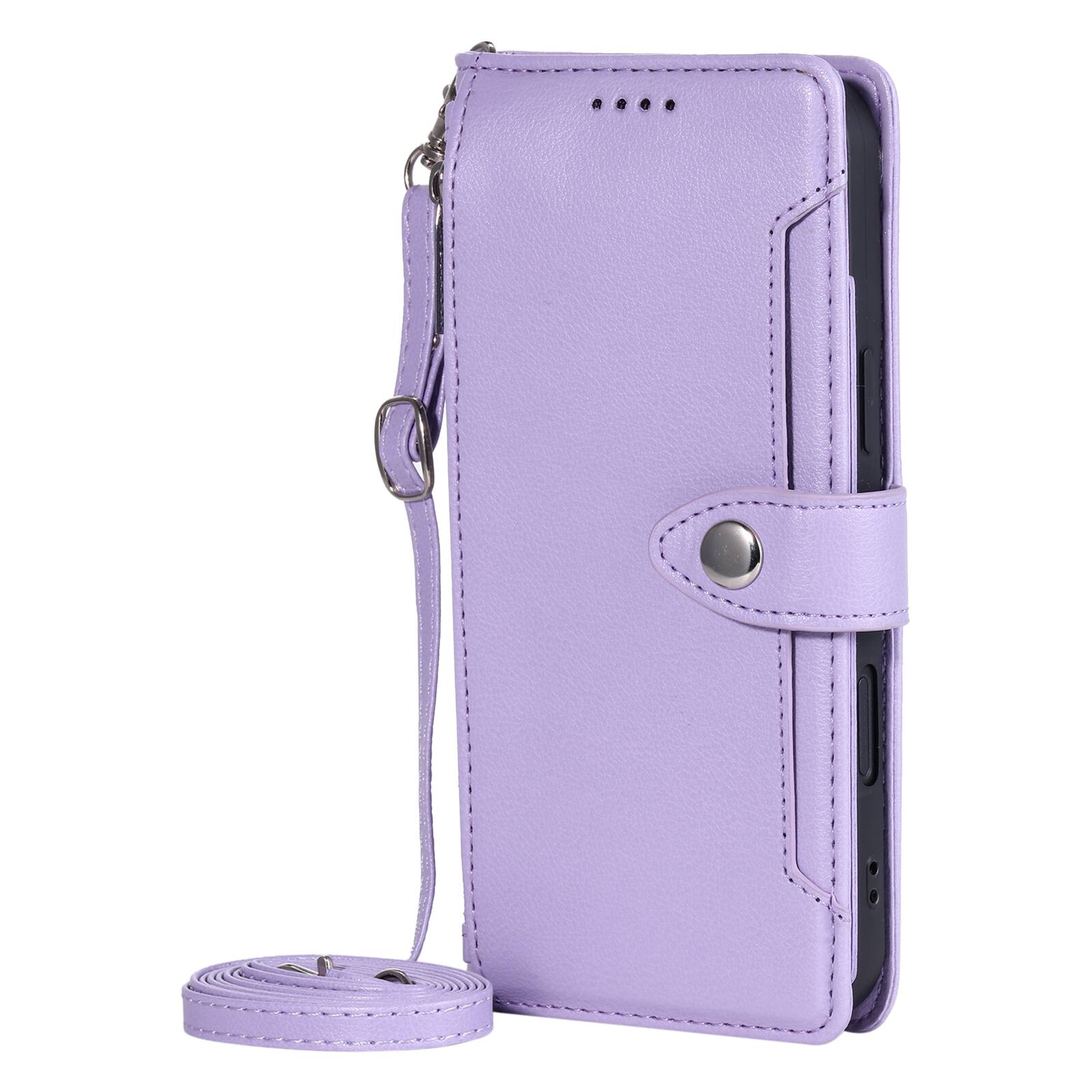 Angle. Dteck - Wallet Case for Apple iPhone 17 Pro Max Crossbody Premium Leather Kickstand Zipper Card Slot Cover With Strap+Lanyard - Purple.