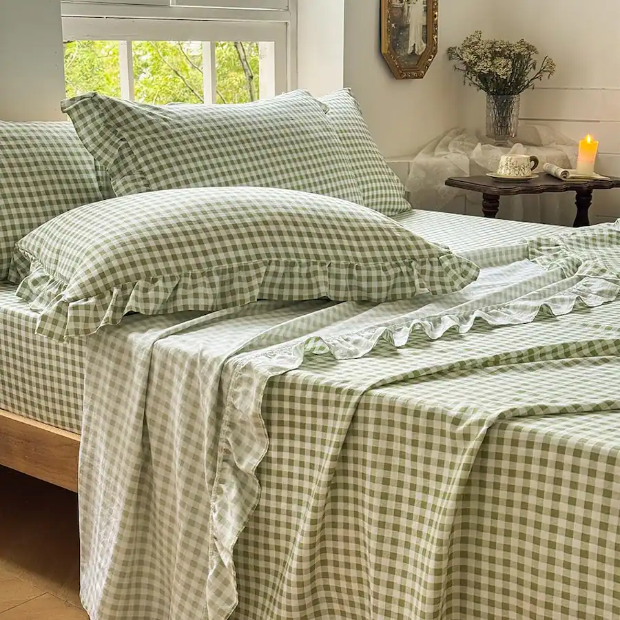 Dapper Styles Sage Gingham Ruffle Sheet Set Soft Pre washed Microfiber ...