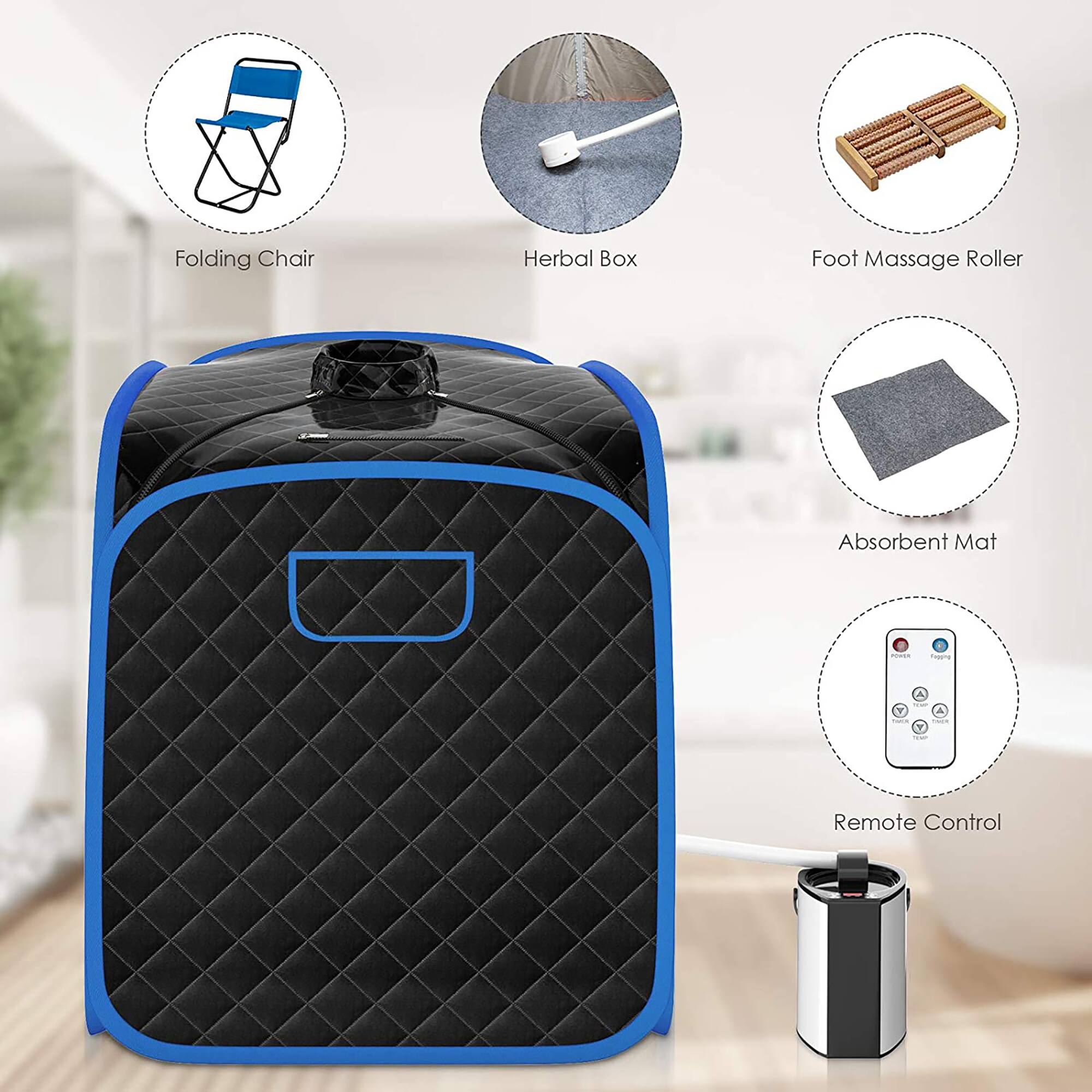 The text on the image is grouped and corrected as follows:

1. Folding Chair
2. Herbal Box
3. Foot Massage Roller
4. Absorbent Mat
5. Remote Control