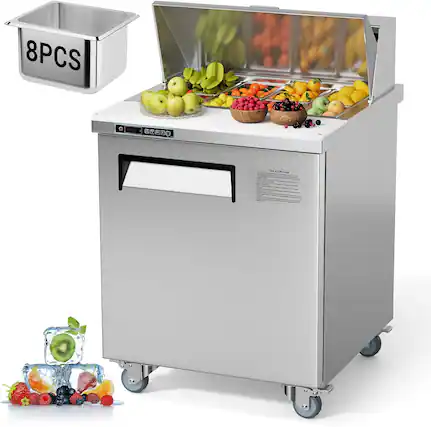 Front. GARVEE - 28" Commercial Sandwich Prep Table Refrigerator Salad Prep Fridge with 8 Food Pans and Cooling Rail for Restaurant - sliver.