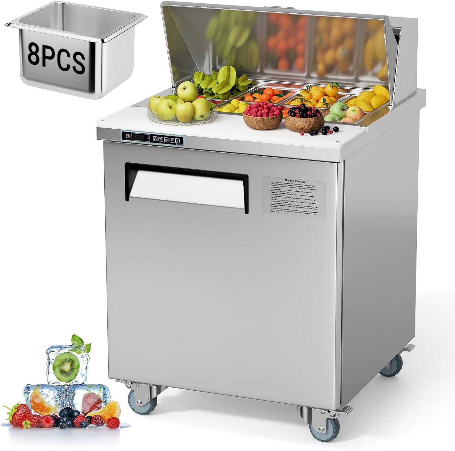 Front. GARVEE - 28" Commercial Sandwich Prep Table Refrigerator Salad Prep Fridge with 8 Food Pans and Cooling Rail for Restaurant - sliver.