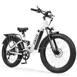 Eskute - 26" Step-Thru Fat Tire Electric Bike, 1500W Peak Motor, 80-Mile Range, Full Suspension - White