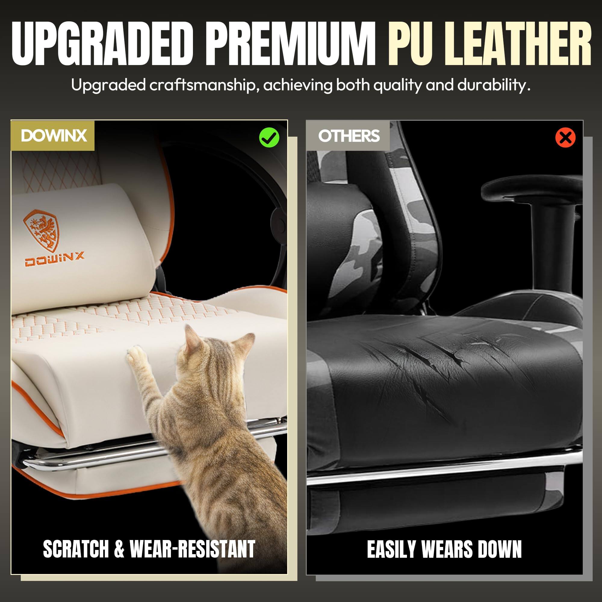 UPGRADED PREMIUM PU LEATHER  
Upgraded craftsmanship, achieving both quality and durability.  

DOWINX  
SCRATCH & WEAR-RESISTANT  

OTHERS  
EASILY WEARS DOWN