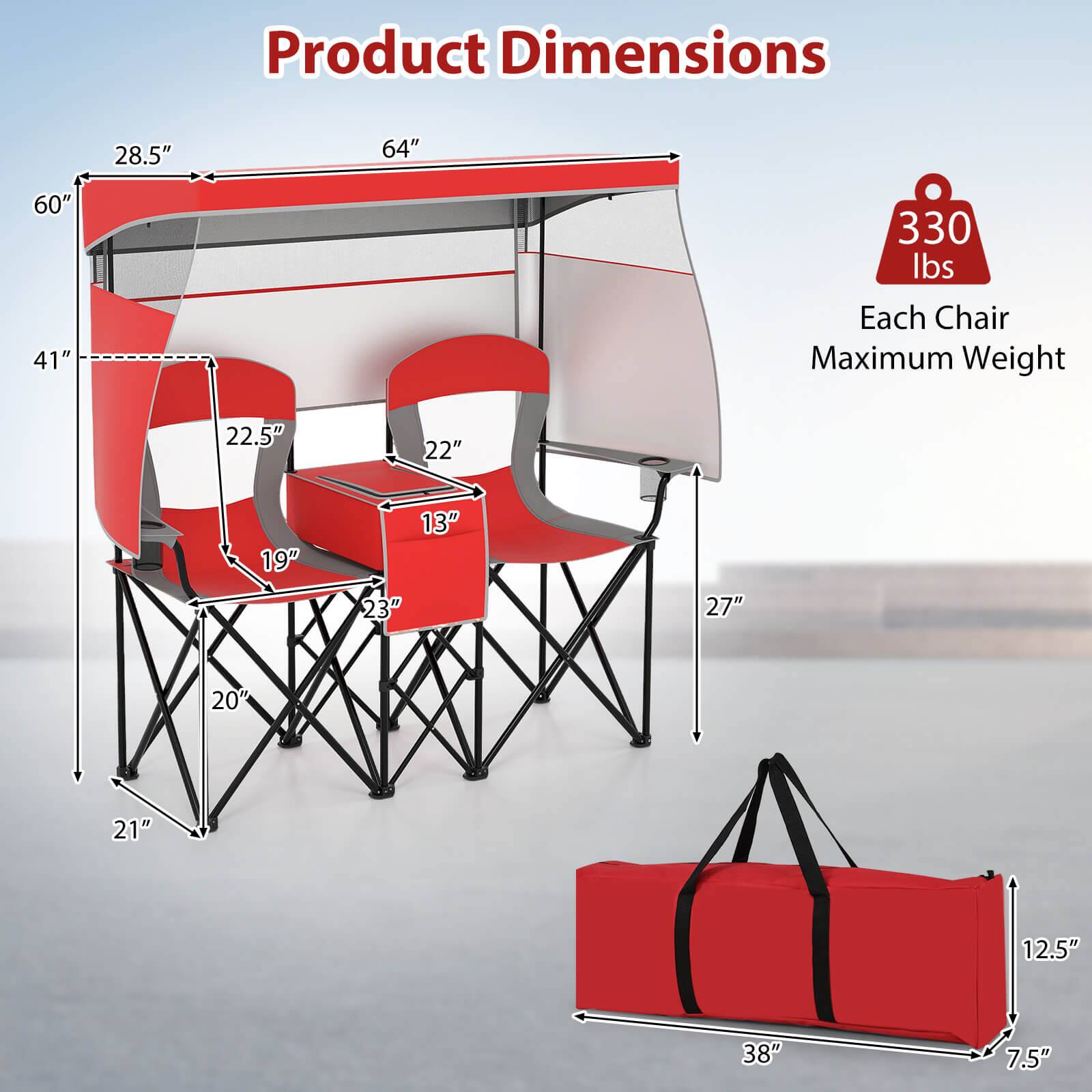 Product Dimensions  
- Length: 64"  
- Width: 28.5"  
- Height: 60"  
- Seat Height: 19"  
- Seat Depth: 22.5"  
- Armrest Height: 22"  
- Back Height: 41"  
- Leg Room: 23"  
- Base Width: 20"  
- Base Height: 21"  
- Folded Length: 38"  
- Folded Width: 12.5"  
- Folded Height: 7.5"  

Each Chair Maximum Weight: 330 lbs