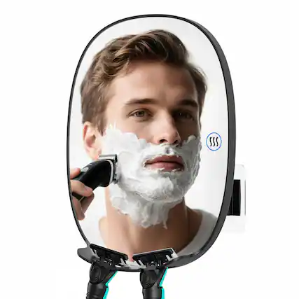 Front. Dazzed Corner - Heated Fogless Shower Mirror for Shaving, 360° Adjustable with 2 Razor Holders - Black.