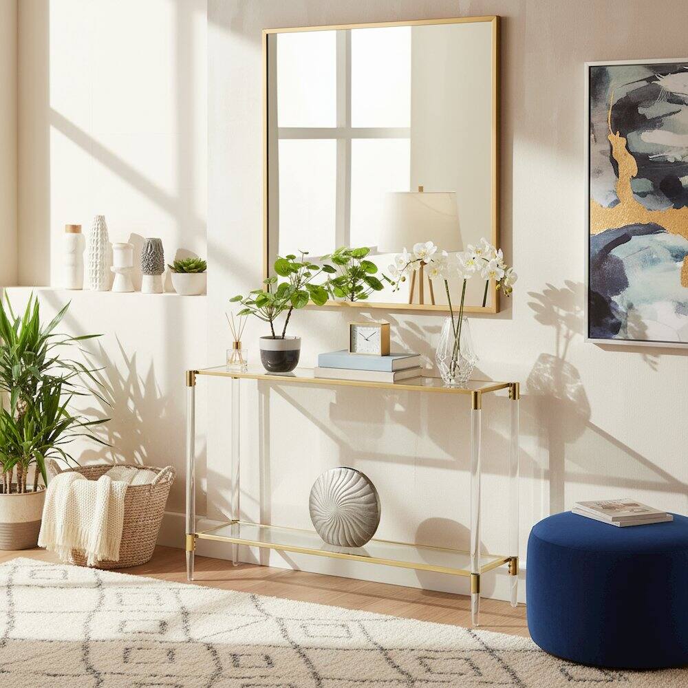 Alt View 2. FurniFact - Console Table with 2 Glass Tiers - Gold.