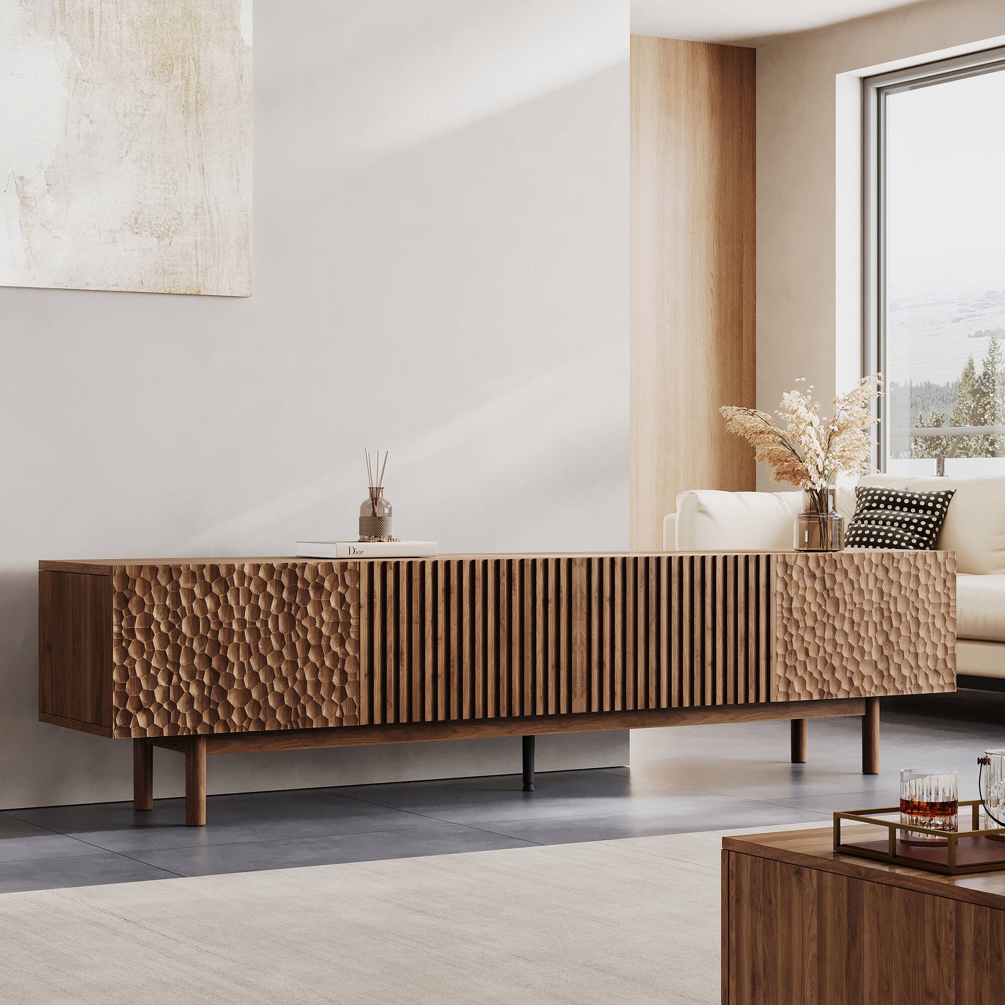 Front. luck idea - 86.61" TV Stand and Media Console & Entertainment Centers with Large Storage Space - Walnut Color.