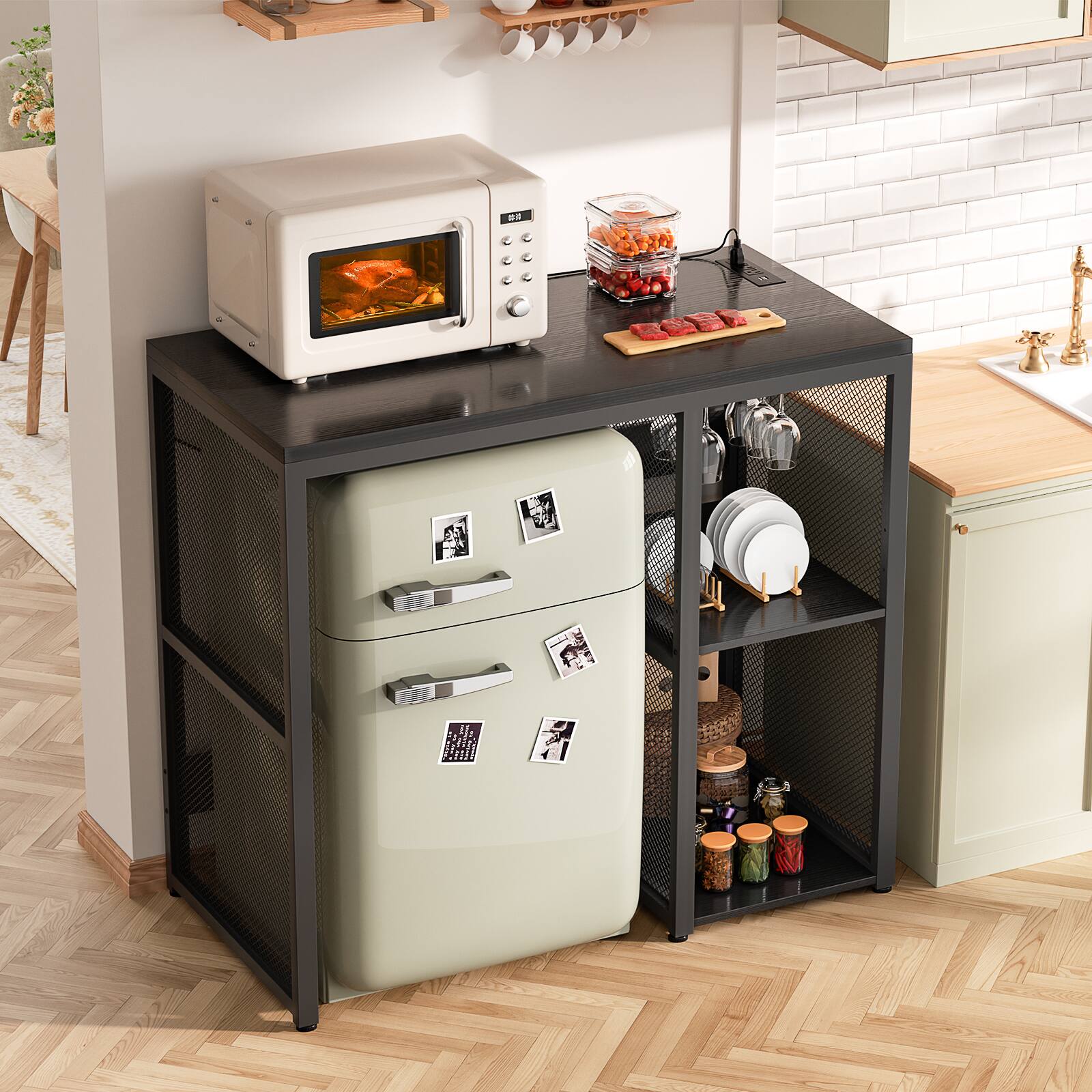 Back. Aheaplus - Small Bar Cabinet with Mini Fridge Space, Coffee Bar Microwave Stand with Power Outlet & Glass Holder for Kitchen - Black.