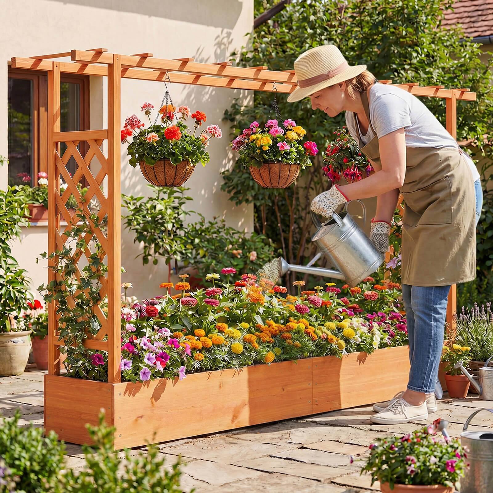 Alt View 4. Costway - Costway 2 PCS Wooden Raised Garden Bed with Trellis Hanging Roof Drainage Holes for Flowers - Orange.